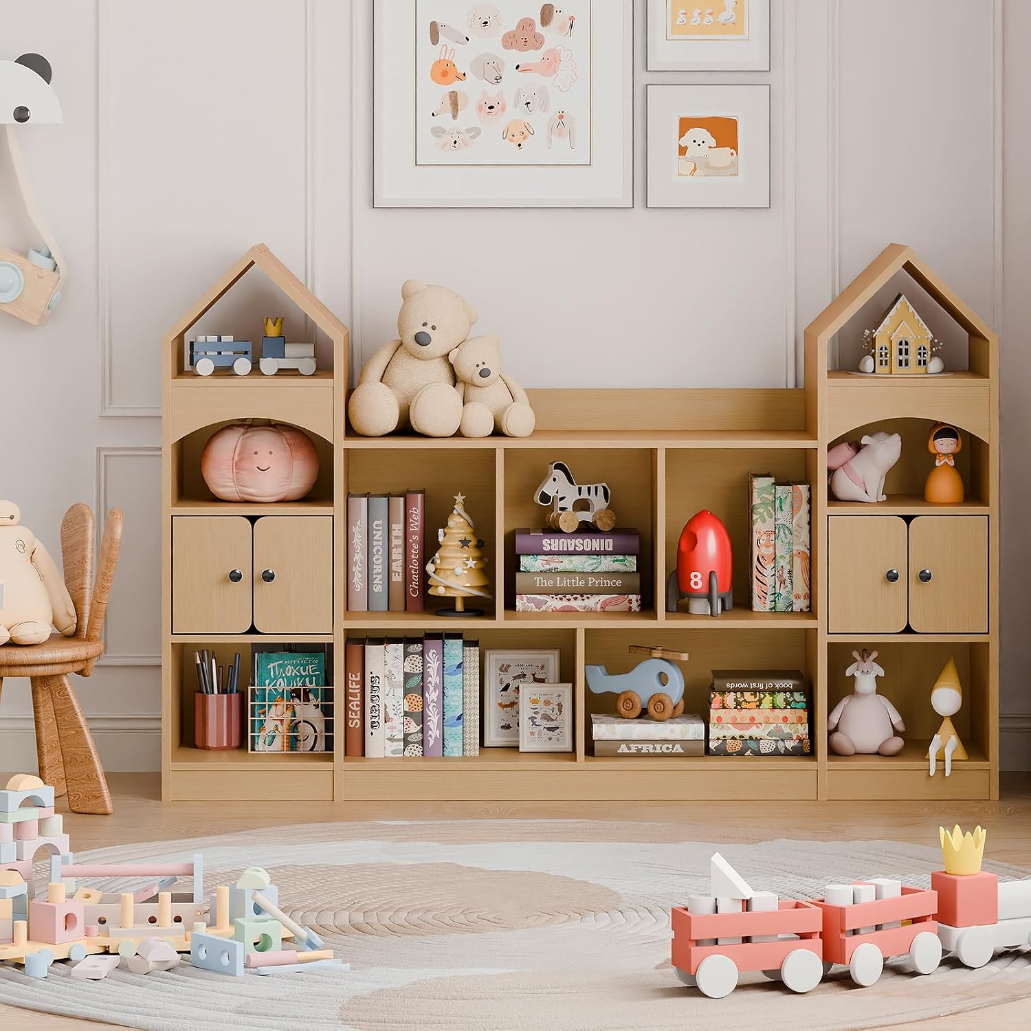 Vabches Castle Shape Children's Bookshelf, Kids Bookcase Display Case Kids Toy Storage Organizer Multifunctional Storage Cabinet Bookshelf Suitable for Playroom, Children's Room, Living Room, Oak