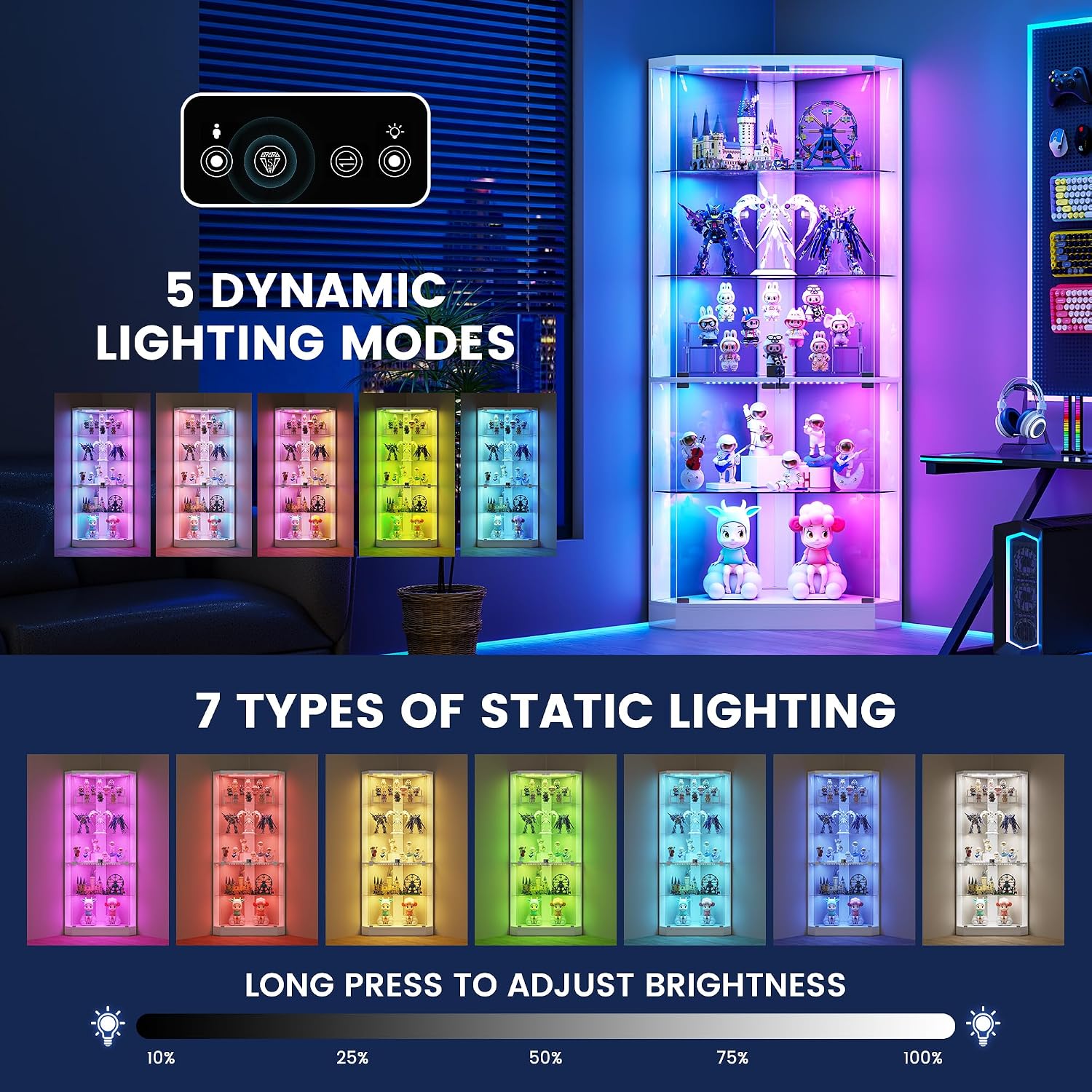 Lvifur Corner Display Cabinet with RGB Lights,5-Tiers Curio Cabinet Display Case with Lock,69' Tall Showcase Display Shelf for Collectibles, Living Room Bookcase Storage Cabinet,White