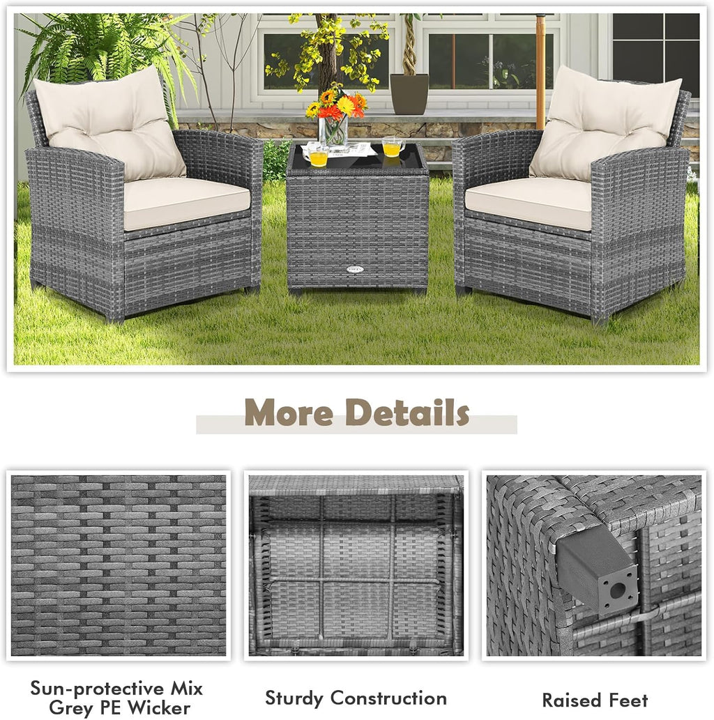 Tangkula 3 Pieces Patio Furniture Set, PE Rattan Wicker 3 Pcs Outdoor Sofa Set w/Washable Cushion and Tempered Glass Tabletop, Conversation Furniture for Garden Poolside Balcony (Mix Grey-White)