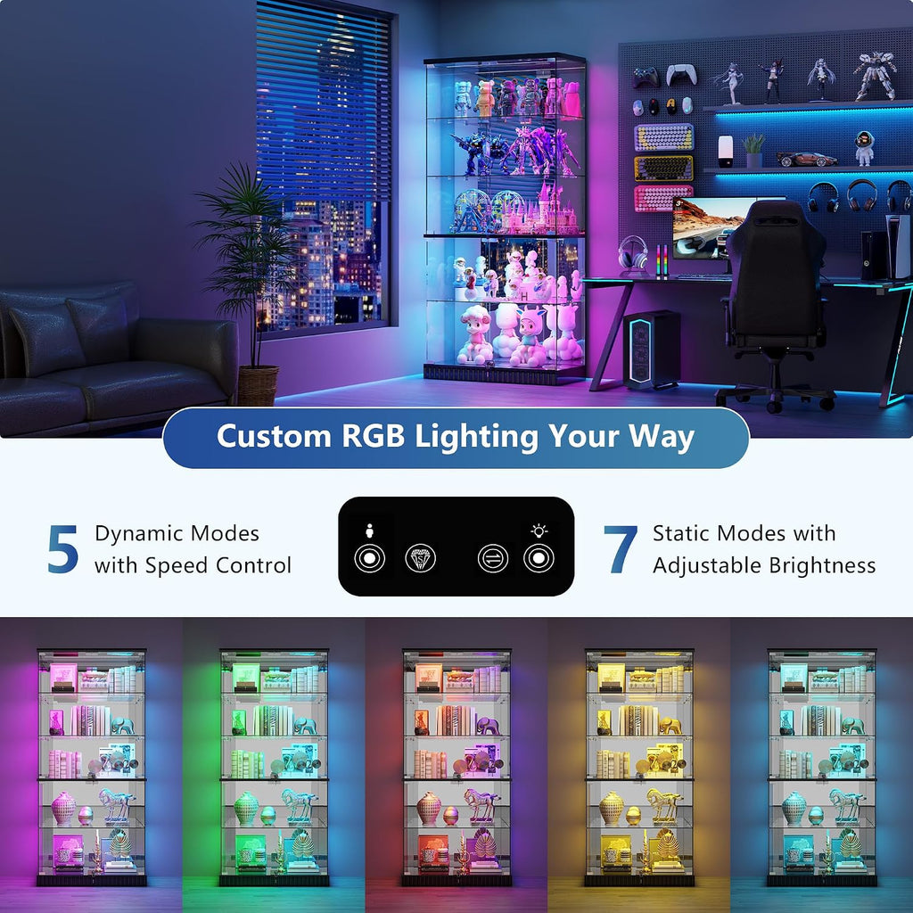 RGB Glass Display Cabinet with Lights, Modern Curio Cabinet Display Cases for Collectibles, Locking Showcase Cabinet with 5-Tier Shelves, Tall Bookcase w/ Human Body Sensor for Living Room (Black)