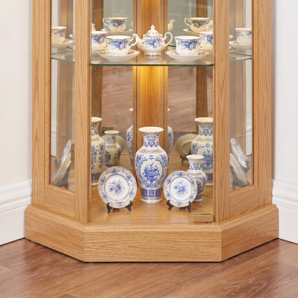 Casaphoria 70' Lighted Corner Curio Cabinet with Glass Doors, Tall Display Cabinet for Collectibles with Mirrored Back and Adjustable Shelves for Living Room and Liquor Storage (Oak)