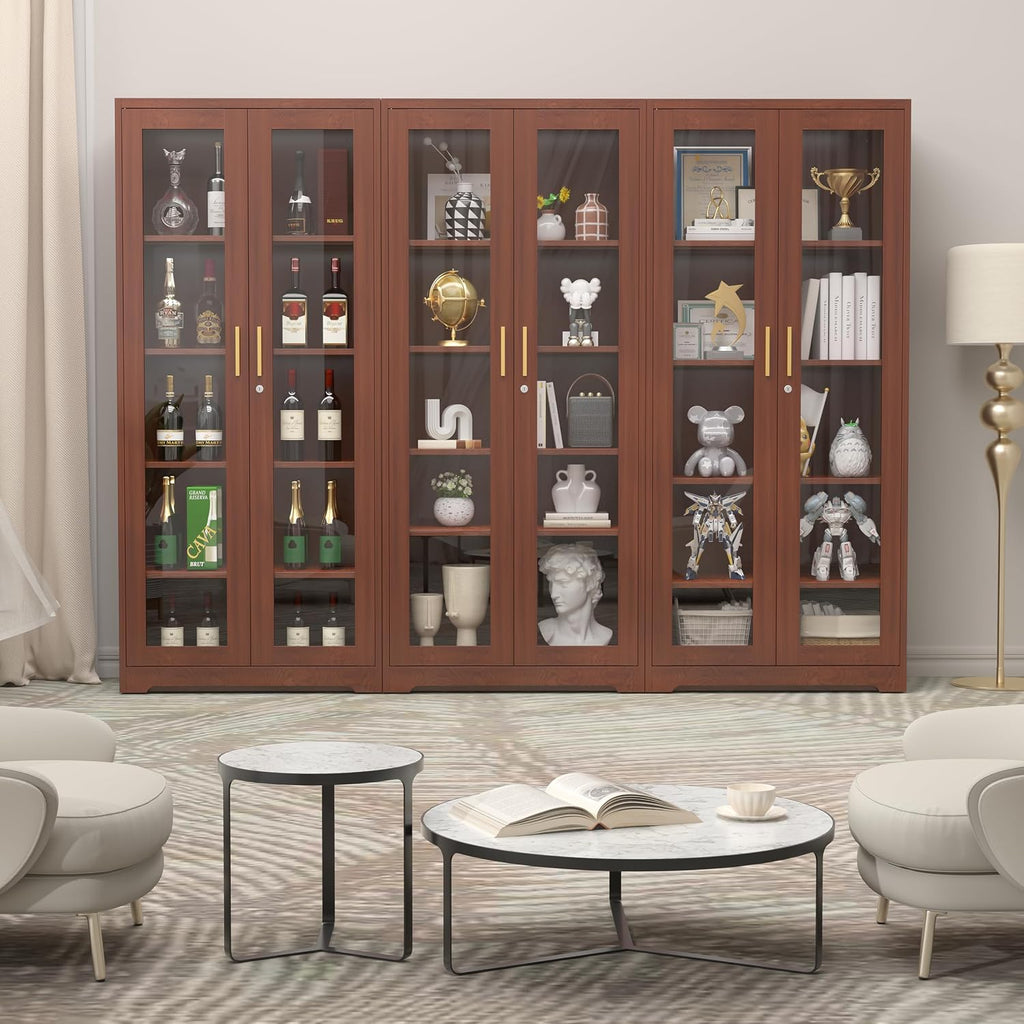 SteeLoong 71' Glass Display Cabinet with Lock,Curio Cabinet with Glass Doors, Metal Display Case with 4 Adjustable Shelves, Brown Bookcase Locking Storage Cabinets for,Liquor,Commercial