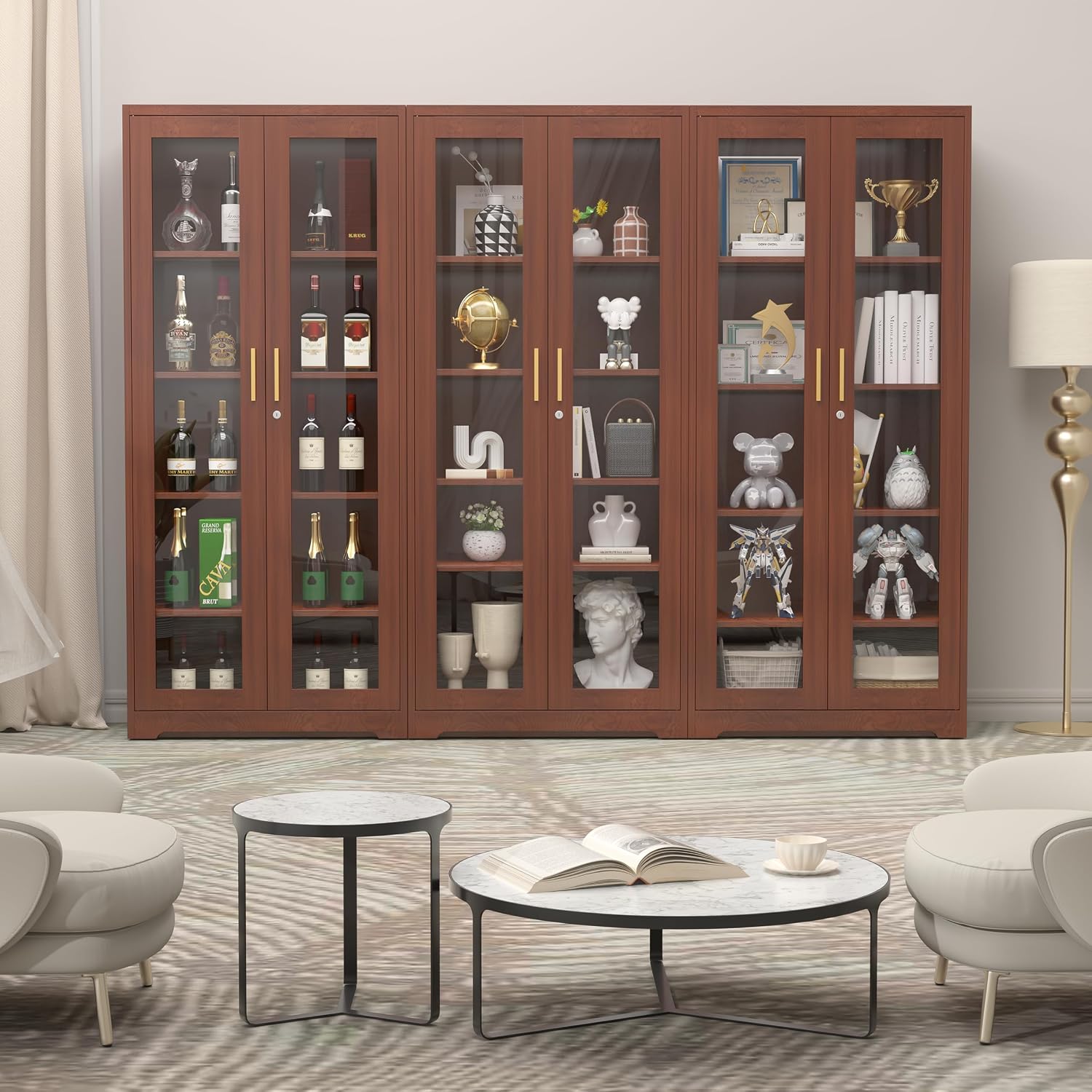SteeLoong 71' Glass Display Cabinet with Lock,Curio Cabinet with Glass Doors, Metal Display Case with 4 Adjustable Shelves, Brown Bookcase Locking Storage Cabinets for,Liquor,Commercial