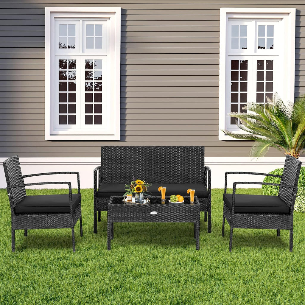 Tangkula 4 Piece Patio Rattan Conversation Set, Outdoor Wicker Furniture Set W/Glass Coffee Table, Solid Steel Structure, Ergonomic Seat, Suitable for Garden, Courtyard, Balcony, Poolside