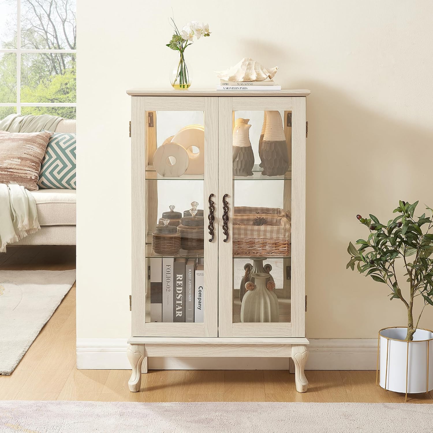 43' H Lighted Curio Cabinet Display Case, Glass Curio Cabinet with Adjustable Shelves & Tempered Glass Door, Wooden Cabinets with Mirrored Back Pane for Living Room (Antique White)