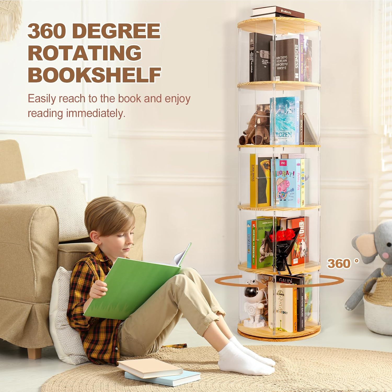 TAKEKIT 360° Rotating Bookshelf, 5-Tier Spinning Book Shelf Tower with Solid Wood & Clear Acrylic, Round Revolving Bookcase for Living Room, Bedroom and Office