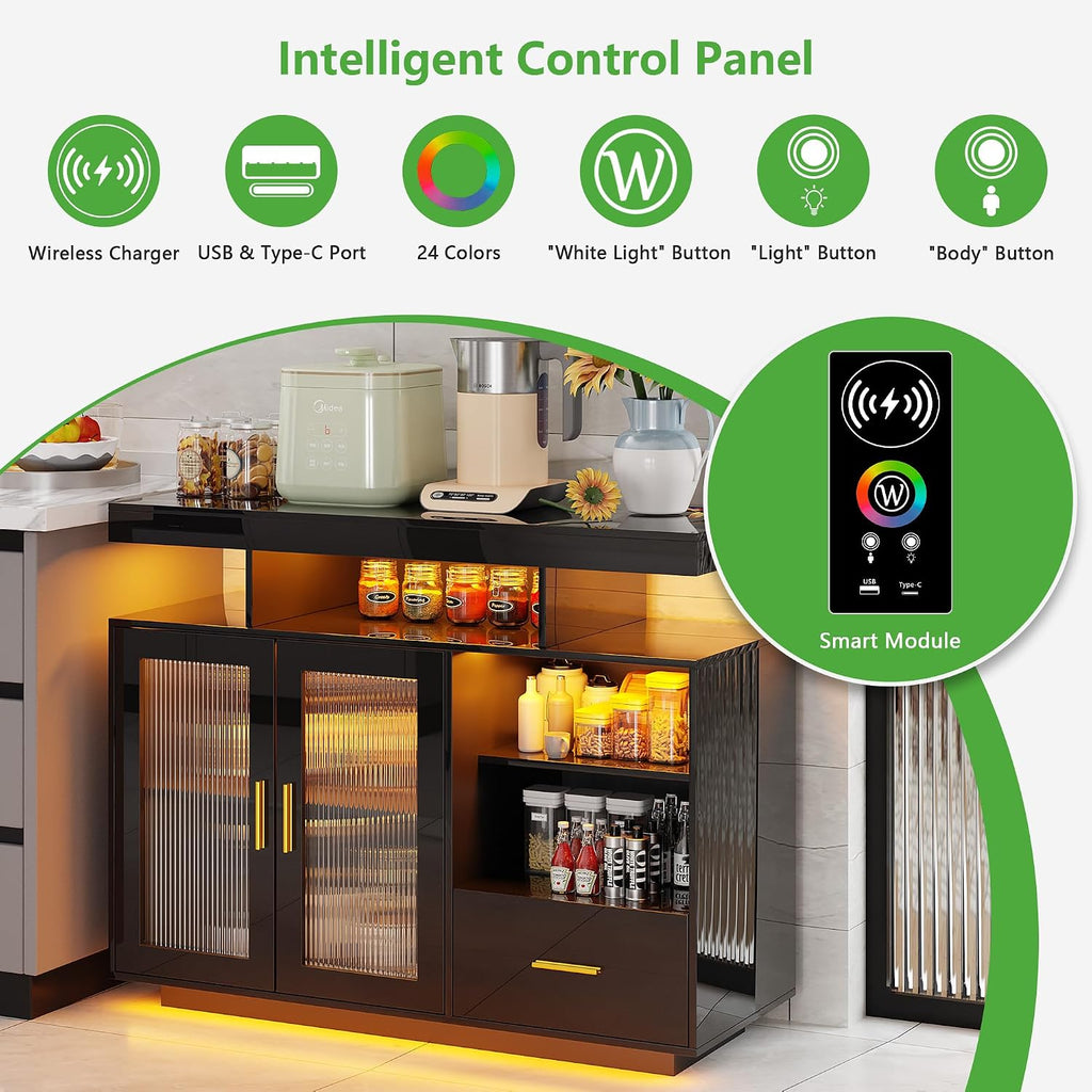 HNEBC LED Sideboard Buffet Cabinet with Charging Station, Smart Bar Cabinet with Auto RGB Lighted, High Gloss Coffee Bar with Drawer/Hutch for Living Room, Dining Room, Home Storager(Black)