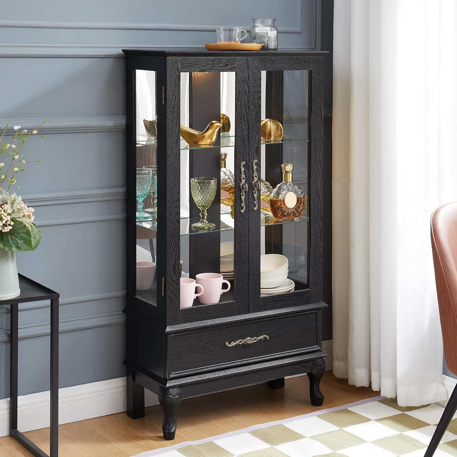 51' H Lighted Glass Curio Display Cabinet with 2 Doors & 1 Drawer, Wooden Glass Curio Showcase w/Adjustable Shelves & Mirrored Back Panel, Storage Cabinet Display Case for Living Room (Black)