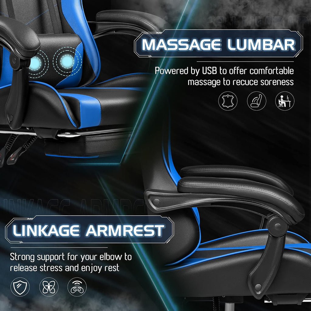 Homall Gaming Chair, Video Game Chair with Footrest and Massage Lumbar Support, Ergonomic Computer Chair Height Adjustable with Swivel Seat and Headrest (Blue)