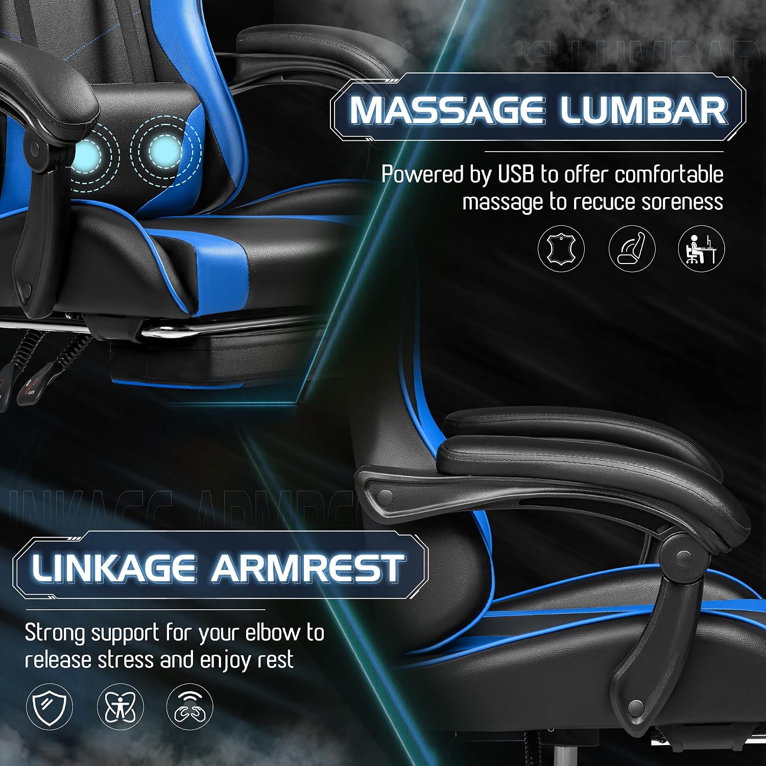 Homall Gaming Chair, Video Game Chair with Footrest and Massage Lumbar Support, Ergonomic Computer Chair Height Adjustable with Swivel Seat and Headrest (Blue)