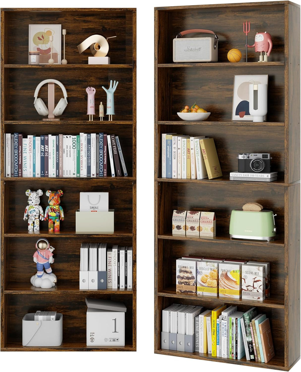 Vongrasig 6-Tier Open Bookcase and Bookshelf, Floor Standing Wood Display Storage Shelves 71 Inch Tall Bookcase Home Decor Furniture for Home Office, Living Room, Bed Room, Rustic Brown, 2 Pieces