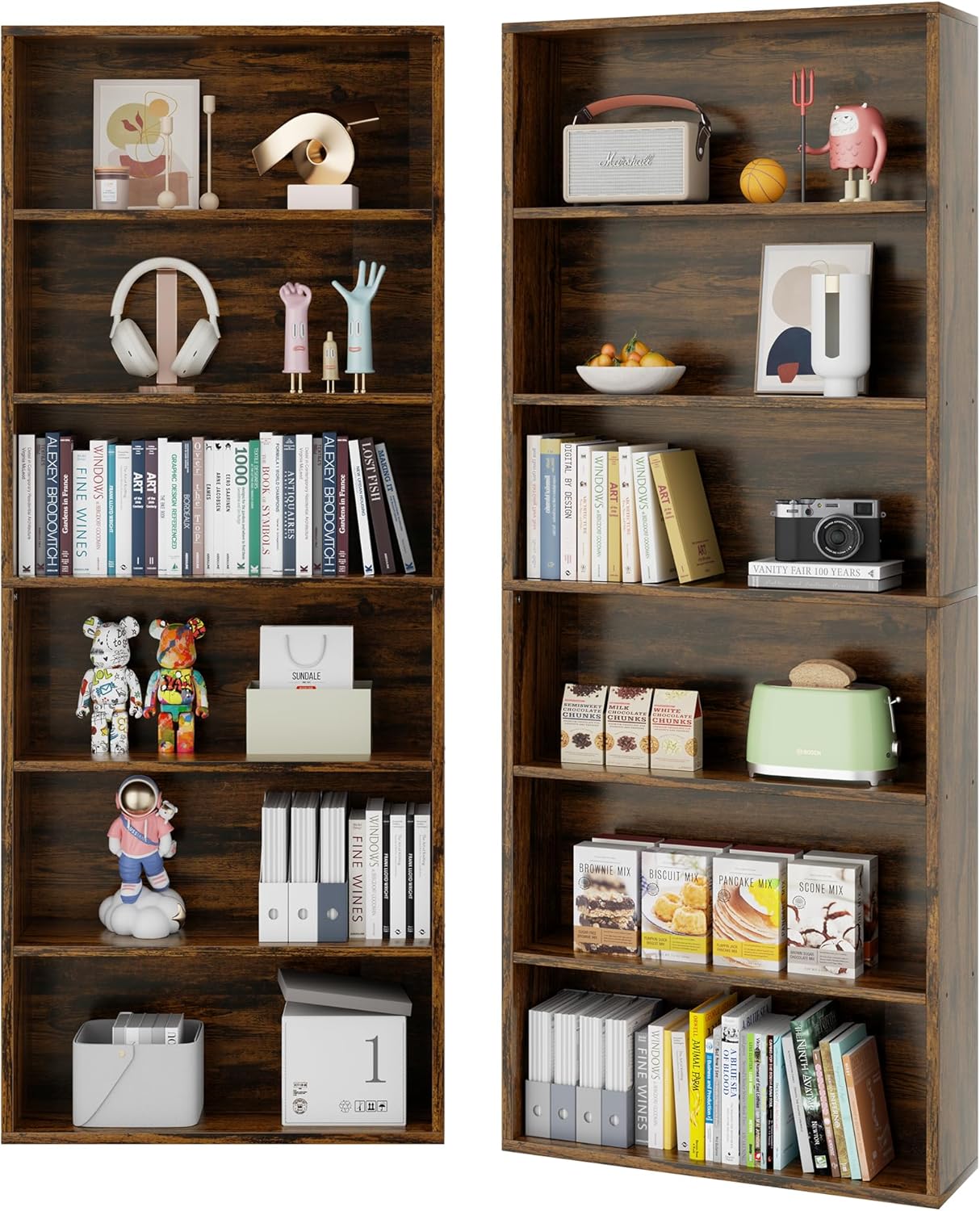 Vongrasig 6-Tier Open Bookcase and Bookshelf, Floor Standing Wood Display Storage Shelves 71 Inch Tall Bookcase Home Decor Furniture for Home Office, Living Room, Bed Room, Rustic Brown, 2 Pieces