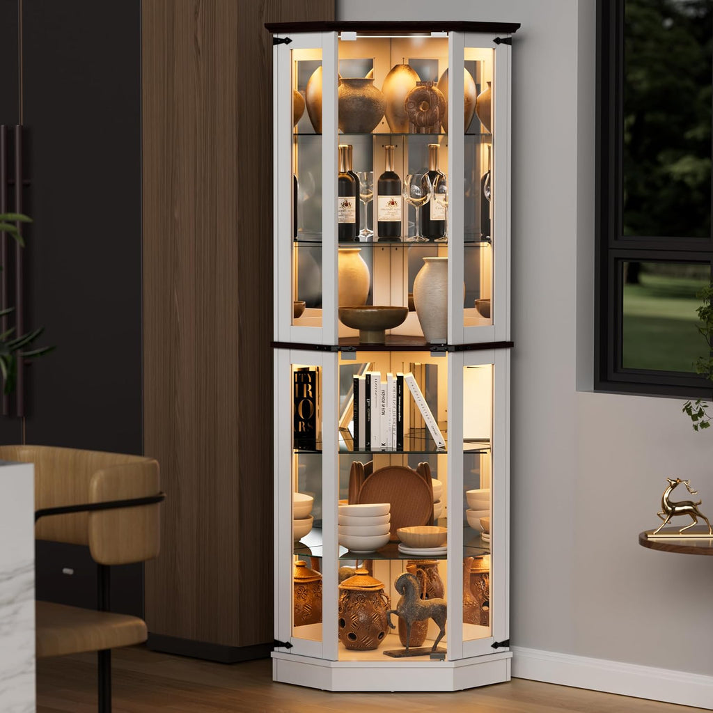 PAKASEPT 71'' Farmhouse Display Curio Cabinet with LED Lights,Tempered Glass Doors,6 Shelves,Floor Standing Display Cage Corner Wine Cabinet Storage Rack for Bar and Liquor Storage,White
