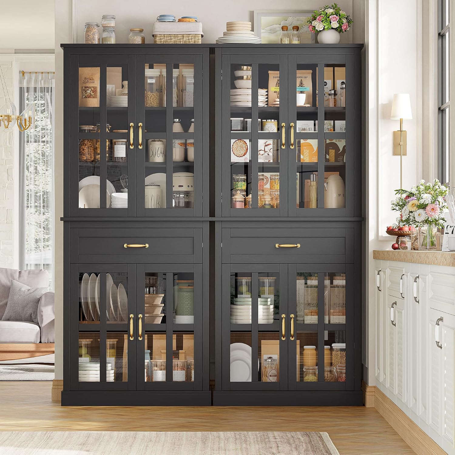 FOTOSOK 71'' Tall Kitchen Cabinet with Glass Doors and Drawer, Freestanding Food Pantry with Adjustable Shelves for Dining Living Room, Black