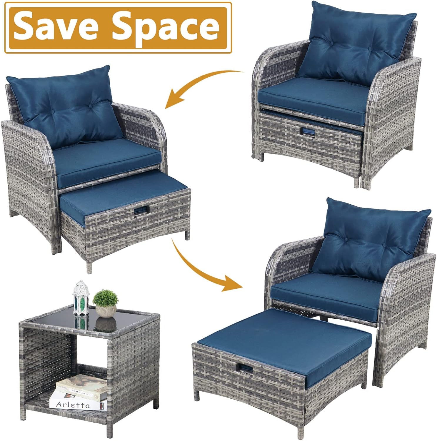 5 Pieces Wicker Outdoor Patio Chairs with Ottomans, All Weather PE Rattan Outdoor Conversation Set Bistro Patio Furniture Set with Hidden Ottoman for Porch Backyard Balcony, Blue