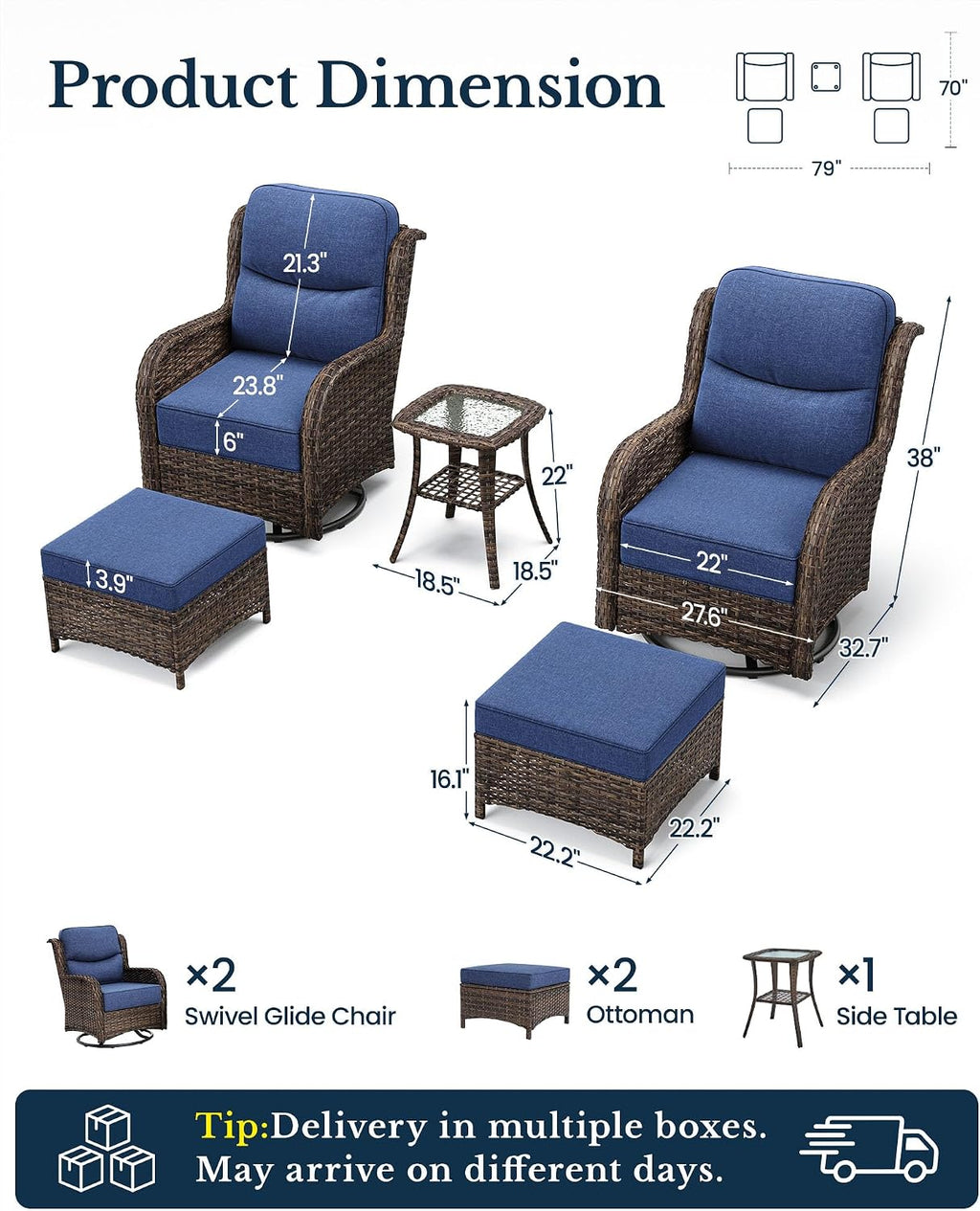 HILLGA 5-Piece Luxury Patio Furniture Set with 6' Thick Cushions, Weather-Resistant Wicker High Back Swivel Rocker Chairs, Senior-Friendly Conversation Set for Small Porch, Deck and Sunroom, Blue(V2)
