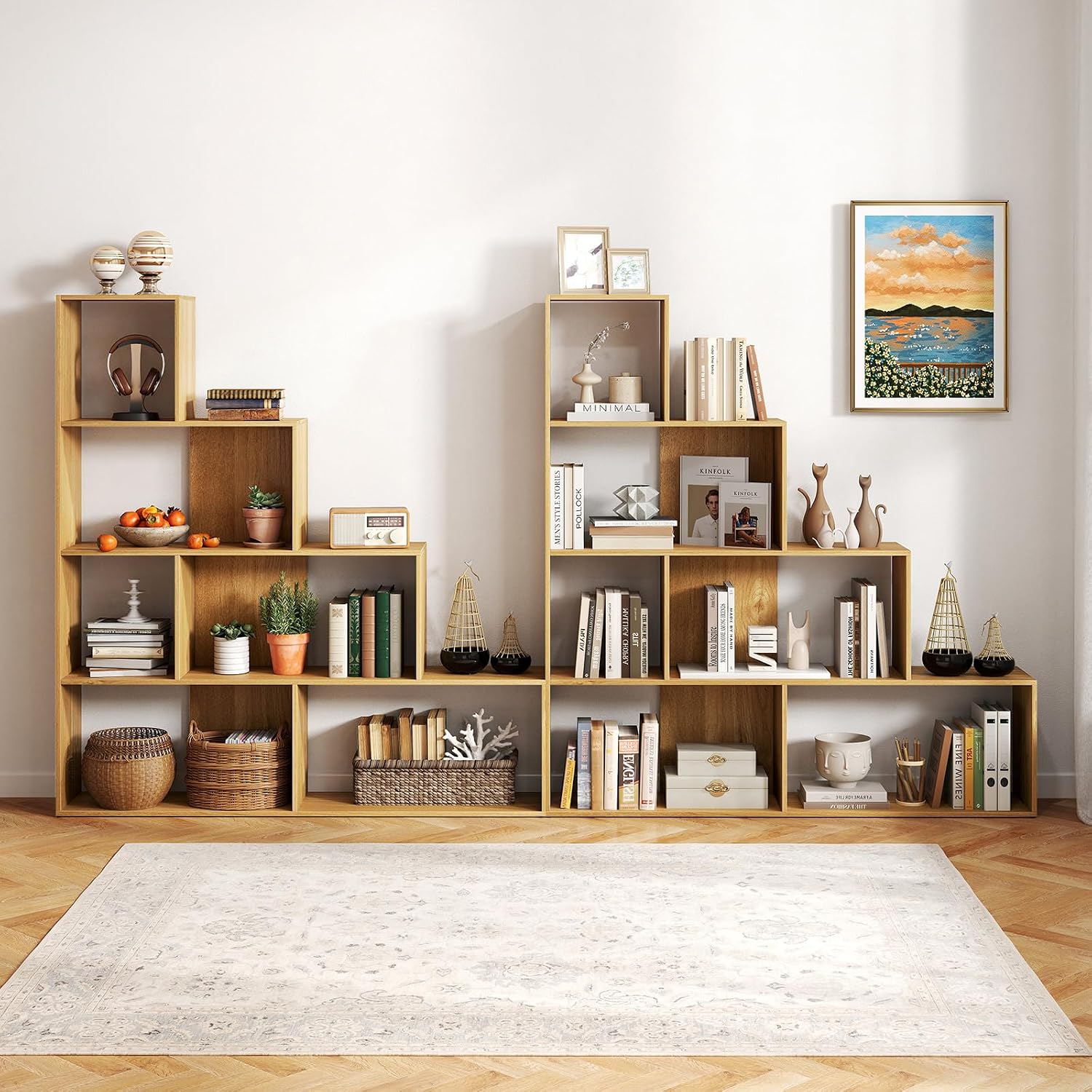 Tangkula 4-Tier Stepped Bookshelf, Freestanding 6 Cubes Ladder Bookcase with Anti-Tipping Kits, 64' Tall Modern Wooden Storage Display Rack for Home Office Living Room Study (1, Natural)