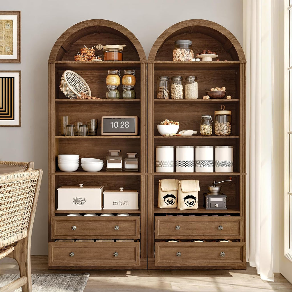 RALGEND Farmhouse Arched Bookshelf Set of 2, 7 Tiers Arch Bookcase with 2 Spacious Drawers, Modern Book Shelf with Open Display Shelves and Storage Cabinet, for Office, Living Room, Kitchen, Walnut