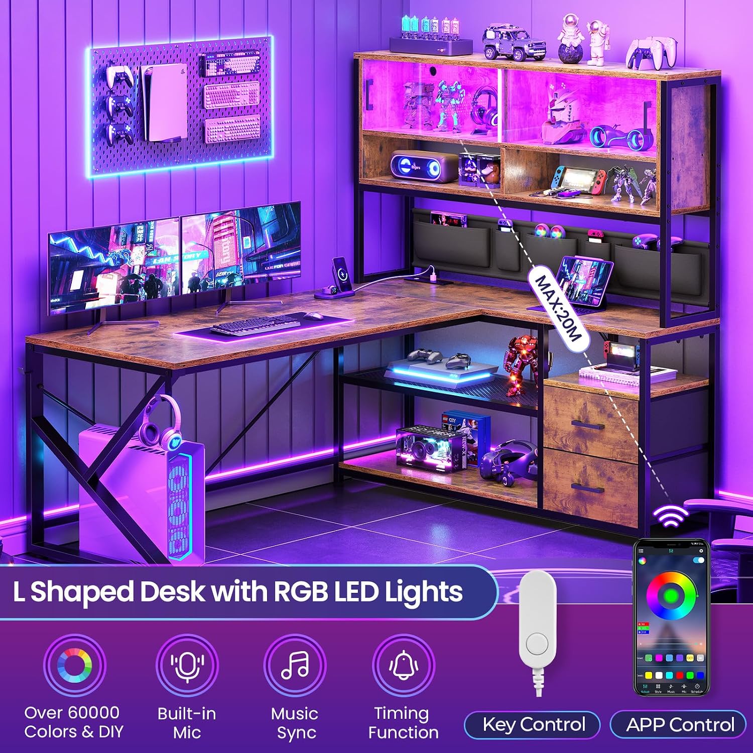 SEDETA L Shaped Computer Desk, Home Office Desk with 2 Drawer and Bookshelf, L Shaped Gaming Desk with LED Light, Glass Cabinet and Storage Bag, Corner Desk with Storage Shelves, Rustic Brown