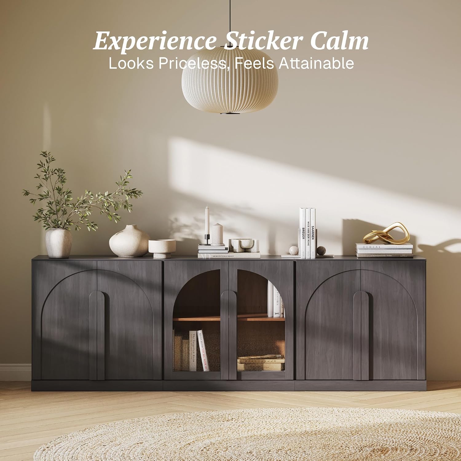 BELLEZE Modular 3-Piece Set Storage Cabinet, 2 Arched Wood Accent Cabinet and Display Glass Door Storage with Adjustable Shelf, Freely Configurable Sideboard for Living Room Kitchen, Ebony