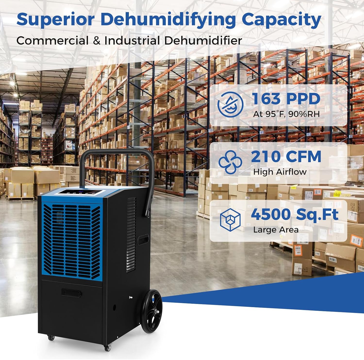 ARLIME 163 Pints Commercial Dehumidifier w/Pump & Drain Hose, Industrial Heavy Duty Portable Dehumidifier for Large Spaces, Basement, Warehouse, Water Damage Restoration, Up to 4500 Sq.Ft (Blue)