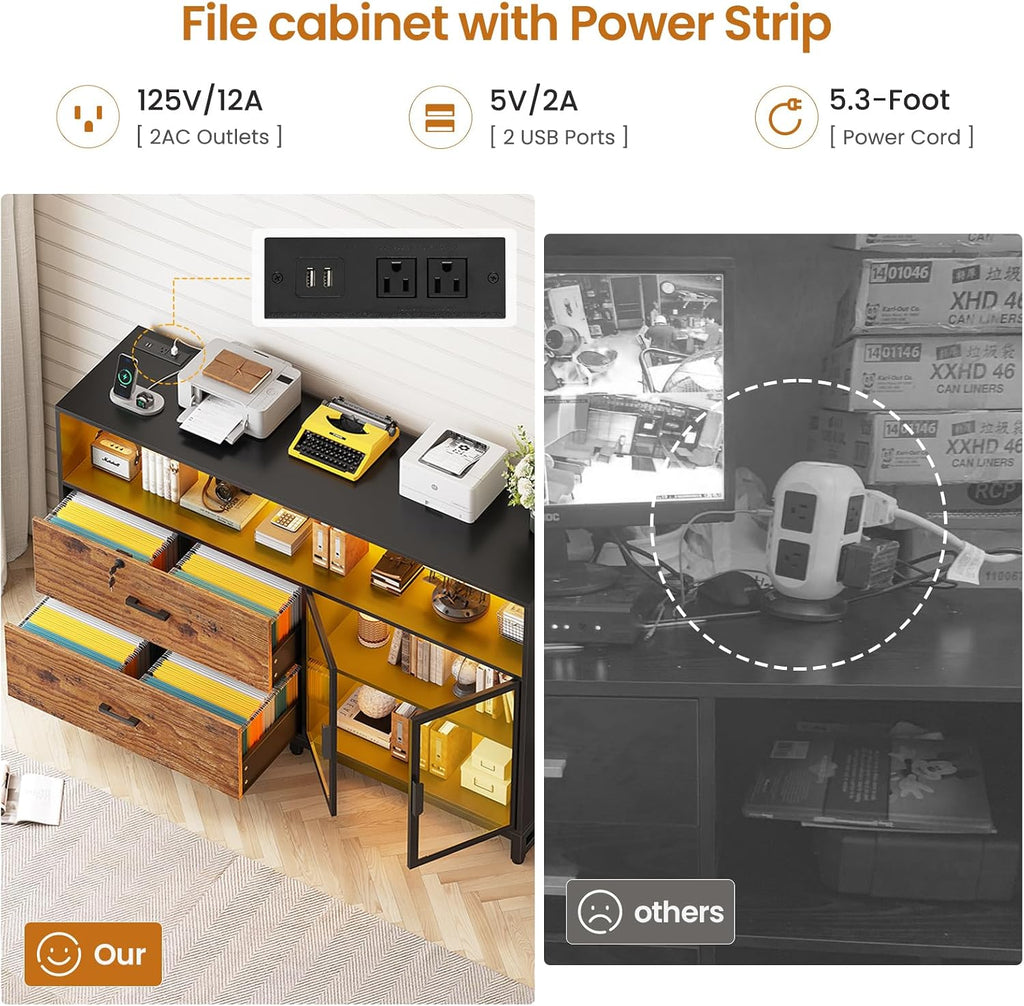 SEDETA 59' File Cabinet, 2 Drawers Filing Cabinets for Home Office fit Legal/Letter/A4 File, File Cabinet with Lock & Power Outlets, Printer Stand with Storage & LED Lights, Rustic Brown
