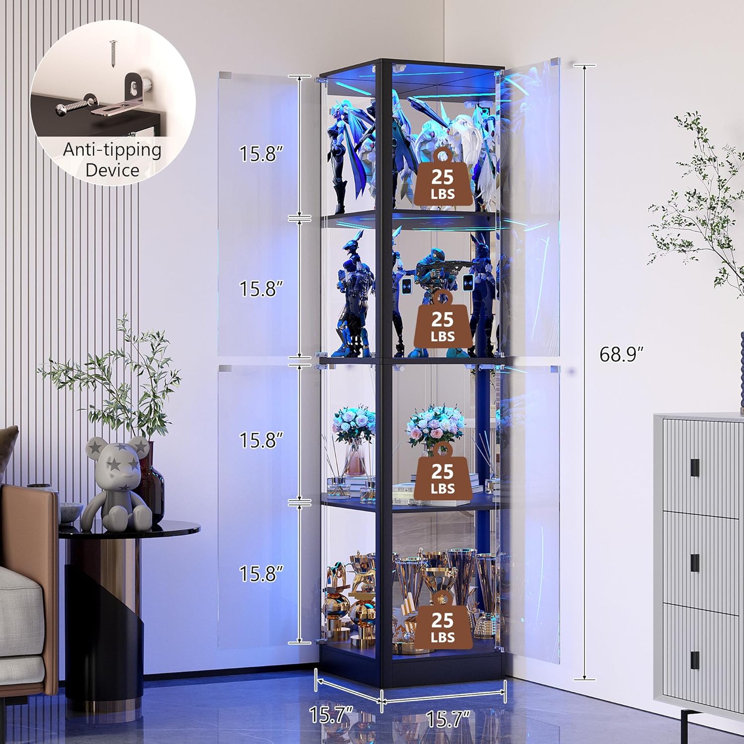Corner Display Cabinet with Glass Doors, 4 Tier Corner Shelf with LED Lights, 68' Display Case for Collectibles, Toys, Books, Curio Storage Cabinet, Black