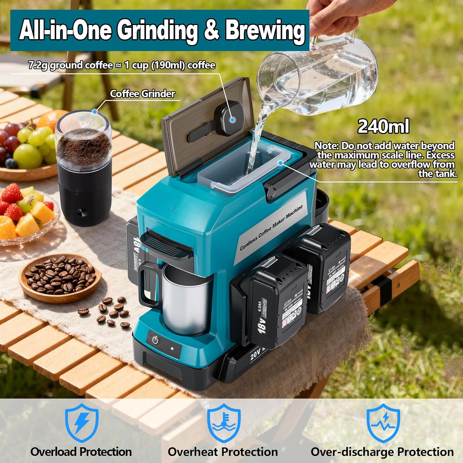 Taingwei Cordless Coffee Maker for Makita 18V Battery, Portable Drip Coffee Maker with Electric Coffee Grinder for RV, Camping, Travel, Car, Hiking (Battery Not Included)