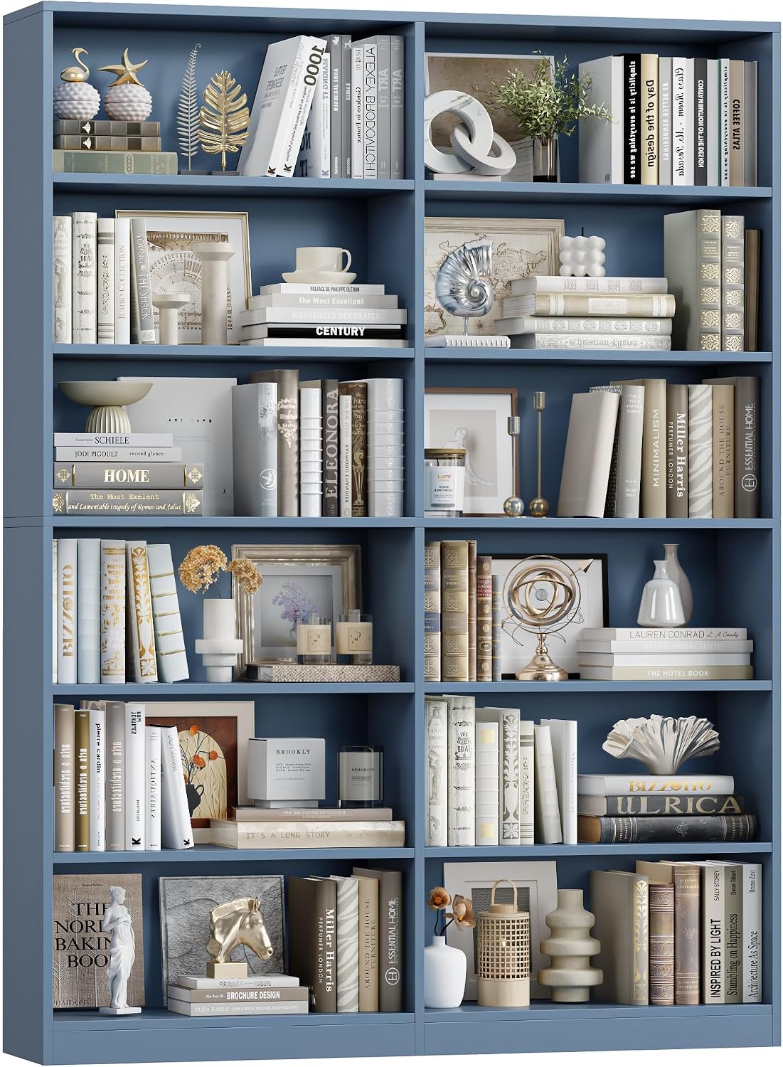 FACBOTALL Bookshelf and Bookcase, 6-Tier Double Wide Bookshelves, Freestanding Display Storage Shelves, Tall Bookcases for Home Decor Bedroom, Living Room, Home Office, Blue