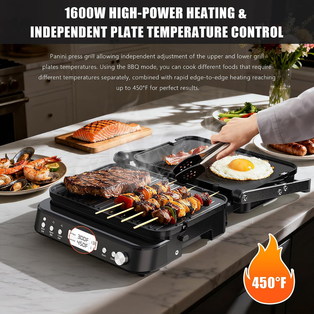 CATTLEMAN Panini Grill Press Sandwich Maker with Removable Plates, 1600W, 5 in 1 Smokeless Indoor Grill & Griddle with Meat Thermometer, PFAS Free Ceramic Nonstick Reversible Plates, Opens Flat