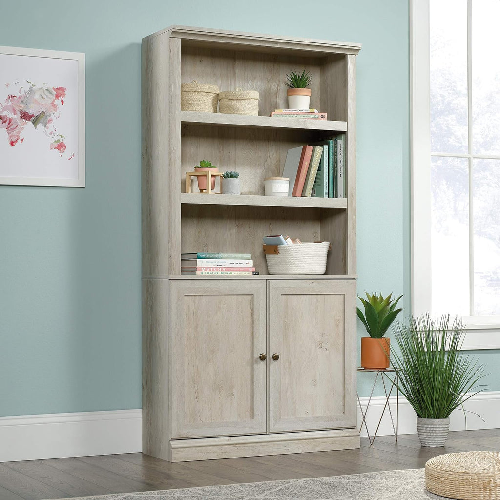 Sauder Miscellaneous Storage Bookcase with Doors, Adjustable Shelves, 5 Shelf Bookcase - Chalked Chestnut Finish
