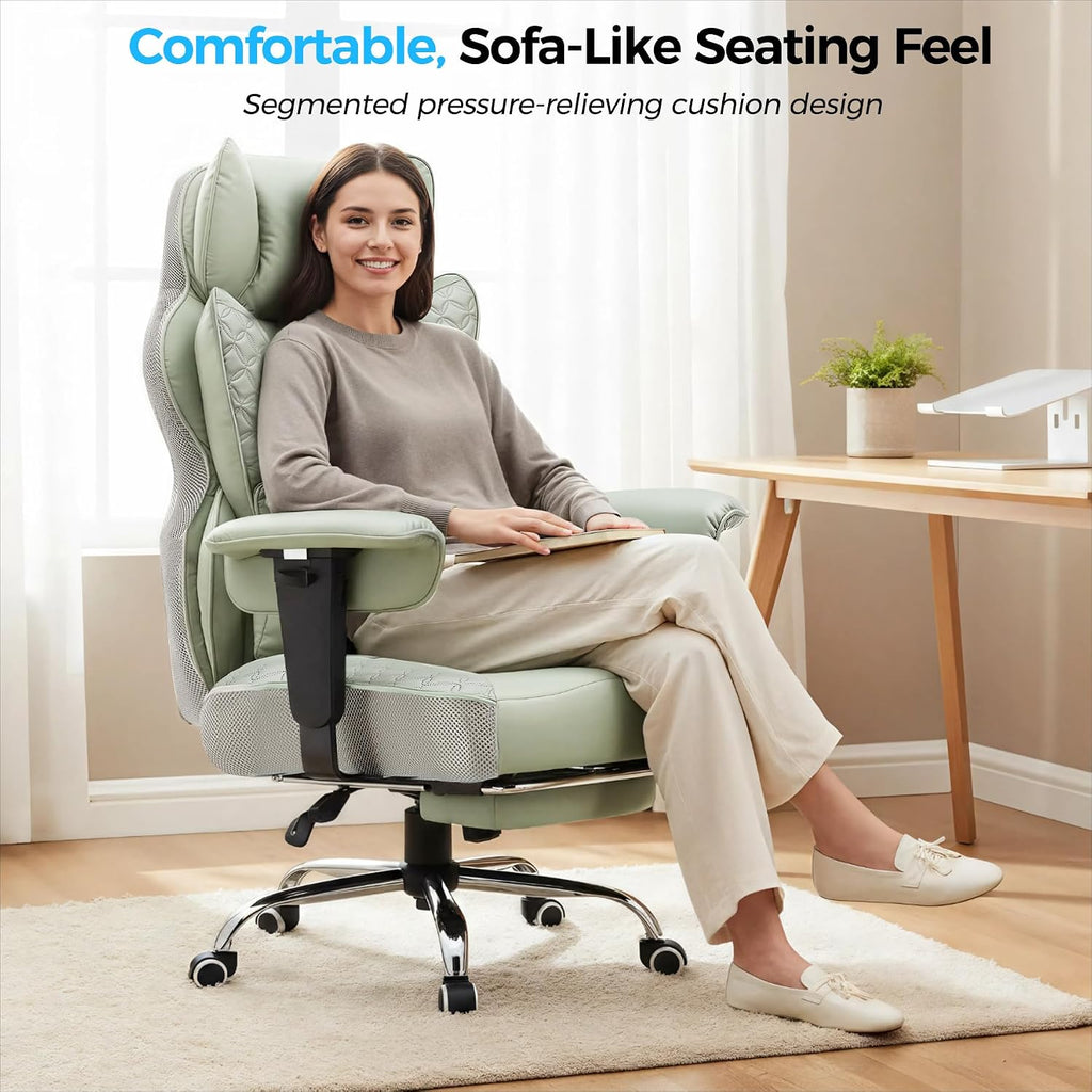 COMHOMA Big and Tall Office Chair Wide Ergonomic Gaming Chair with Deluxe Embossing Designed Leather with Foot Rest,150°Reclining Adjustable Armrests Pocket Spring Back Support and Pillow