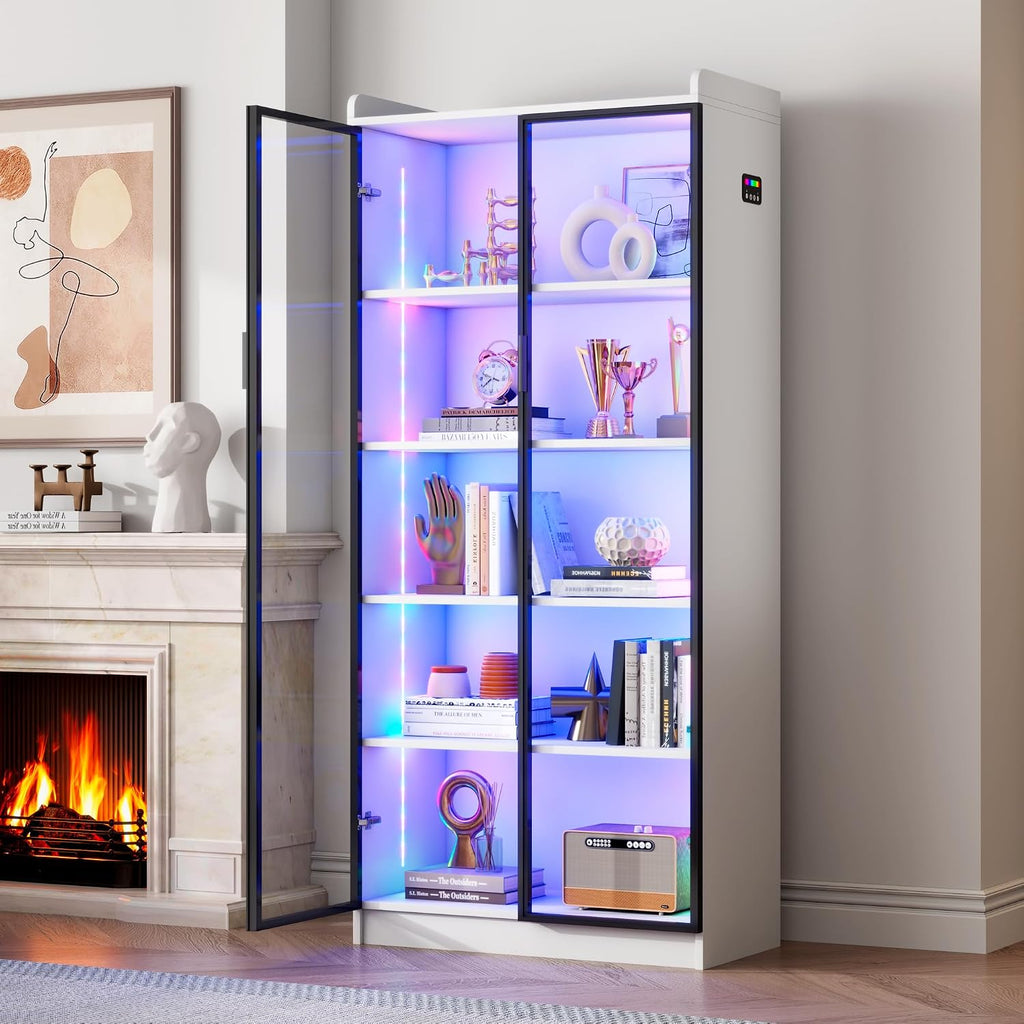 FREDEES Display Cabinet with Glass Doors, 5-Tier Curio Cabinet with Motion Sensor RGB Lights, 65' Tall Glass Display Case with Adjustable Shelves for Collectibles, Figures, Books, White