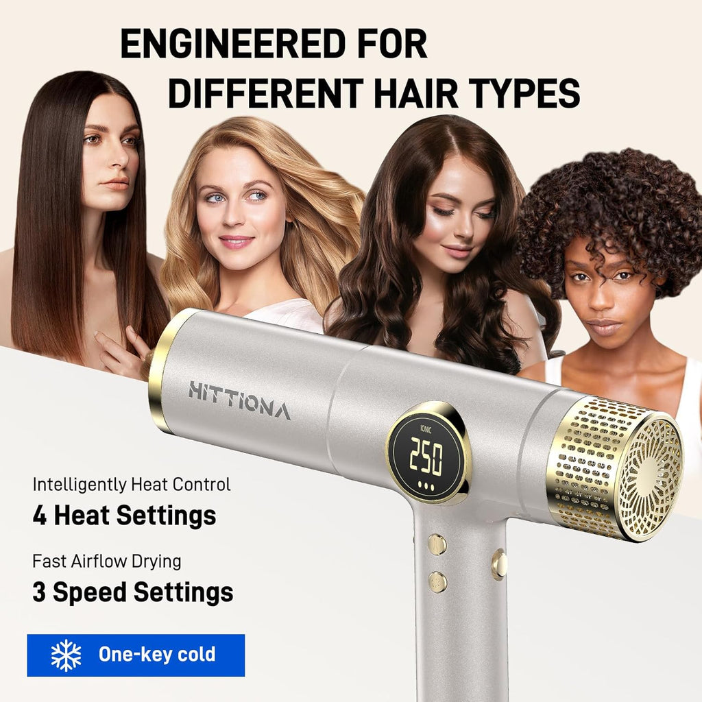 HITTIONA Dual Voltage Travel Hair Dryer with Magnetic Diffuser - 2000W High-Speed Ionic Hair Dryers Gift for Women, Fast Drying, Low Noise, Lightweight, No Heat Damage, European Travel 110V-240V, Gold