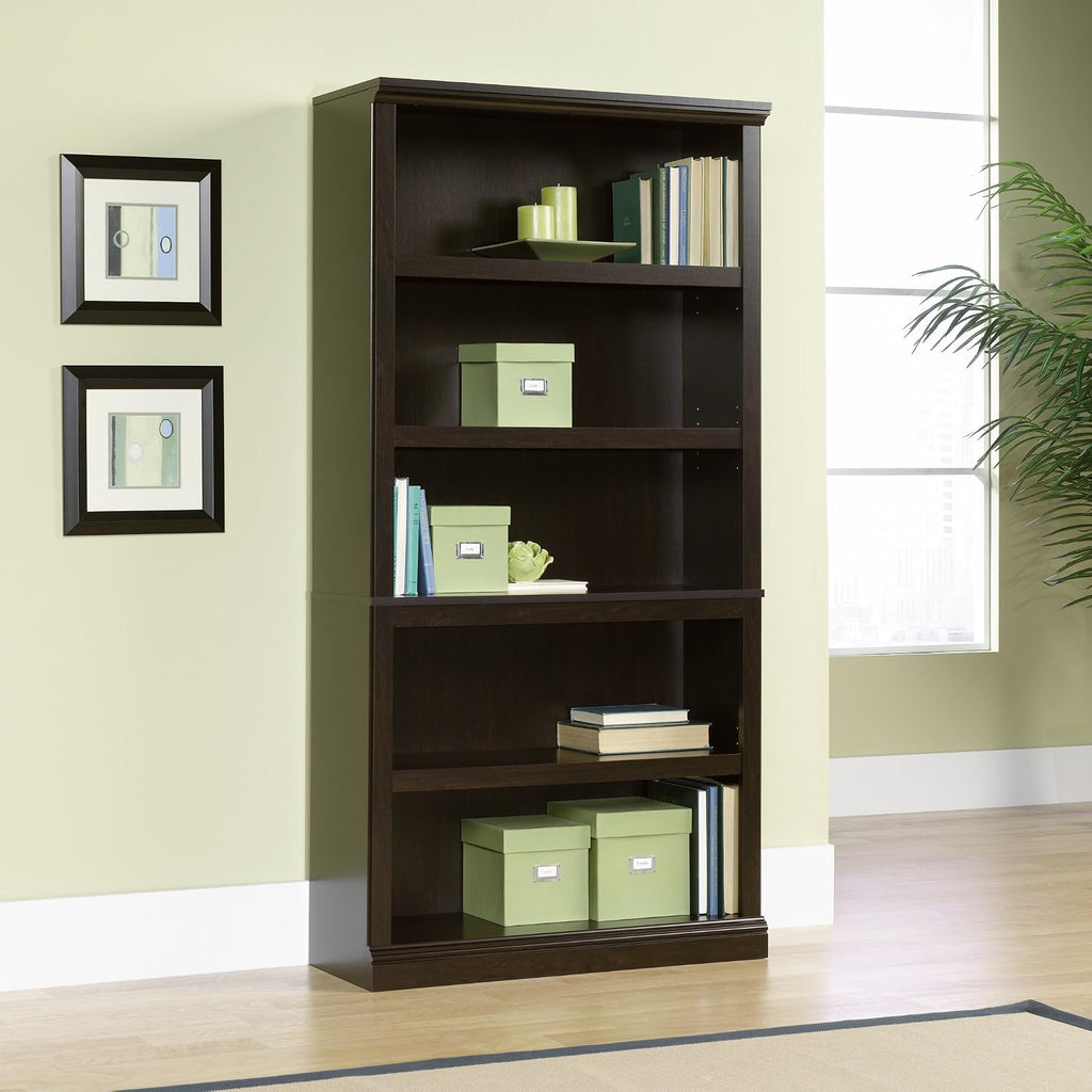 Sauder 5 Tier Book Shelf Wooden Bookcase Multipurpose Bookshelf for Home Office, Living Room, in Jamocha Wood