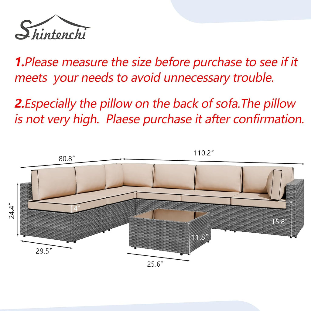 Shintenchi 7 Pieces Outdoor Patio Furniture Sets, Patio Sectional Sofa Couch, Gray PE Wicker Furniture Modular Patio Conversation Sets Patio Sofa with Washable Cushions, Gray/Khaki