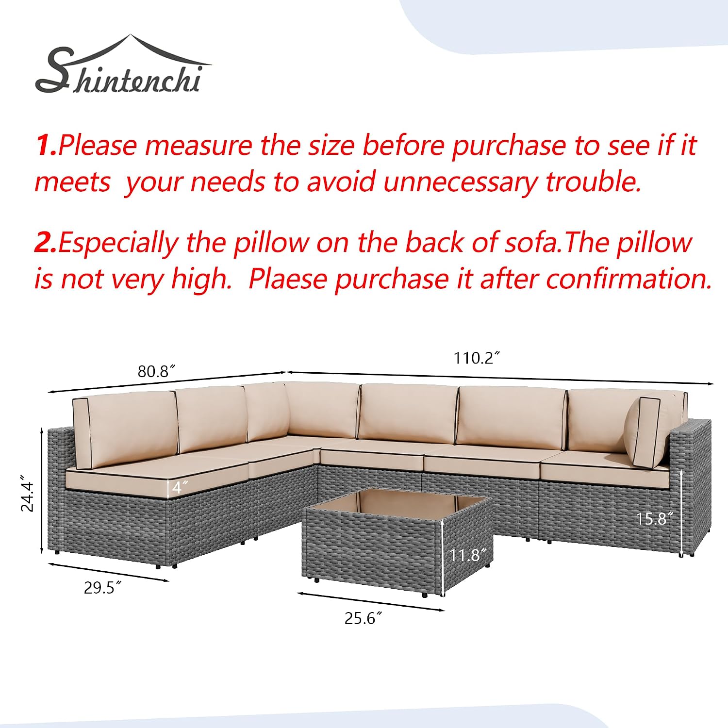 Shintenchi 7 Pieces Outdoor Patio Furniture Sets, Patio Sectional Sofa Couch, Gray PE Wicker Furniture Modular Patio Conversation Sets Patio Sofa with Washable Cushions, Gray/Khaki