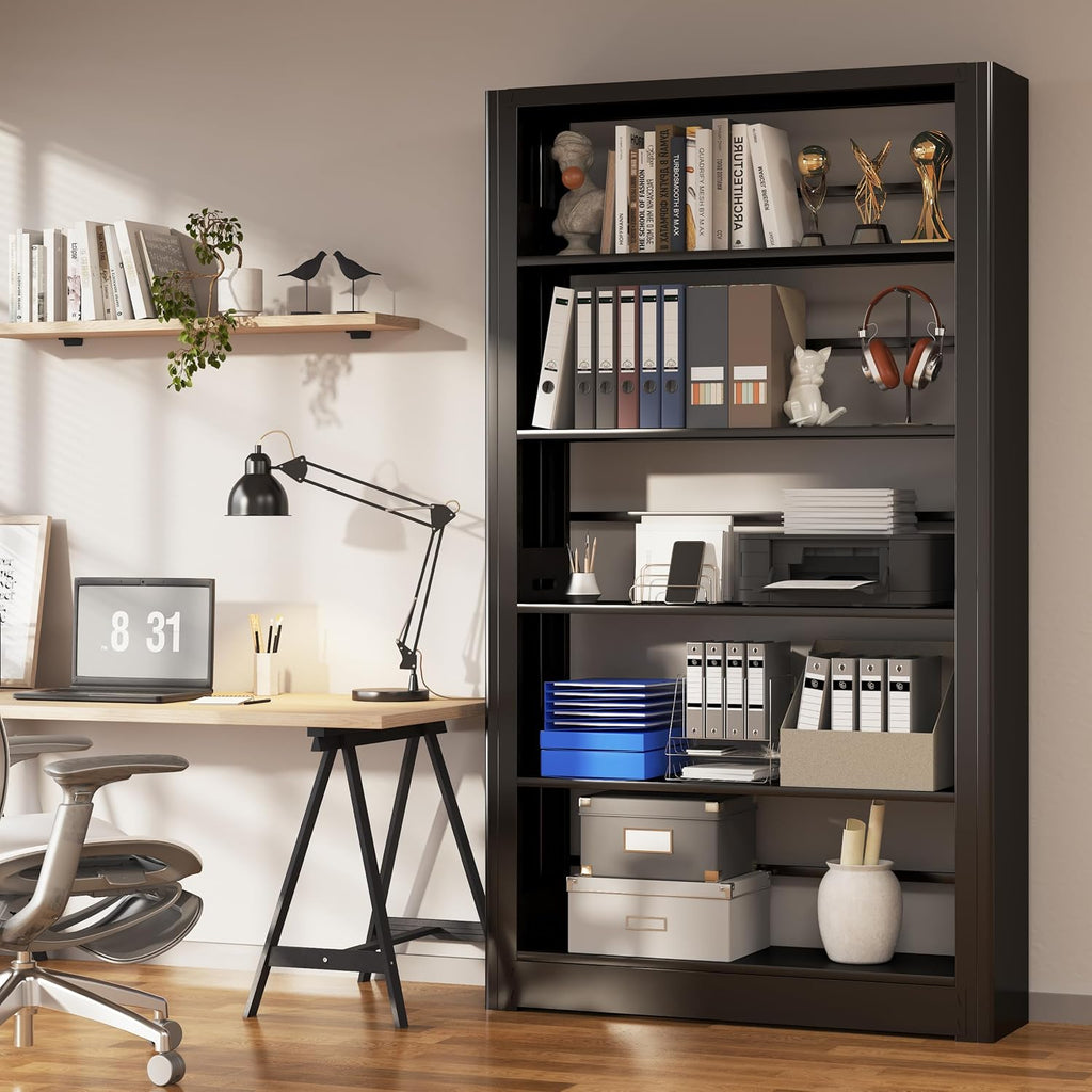 5 Tier Wide Bookshelf, Tall Bookcase with Open Shelves, Metal Black Bookcase Morden Book Shelf for Bedroom,Living Room,Library,Office,Book Shelves