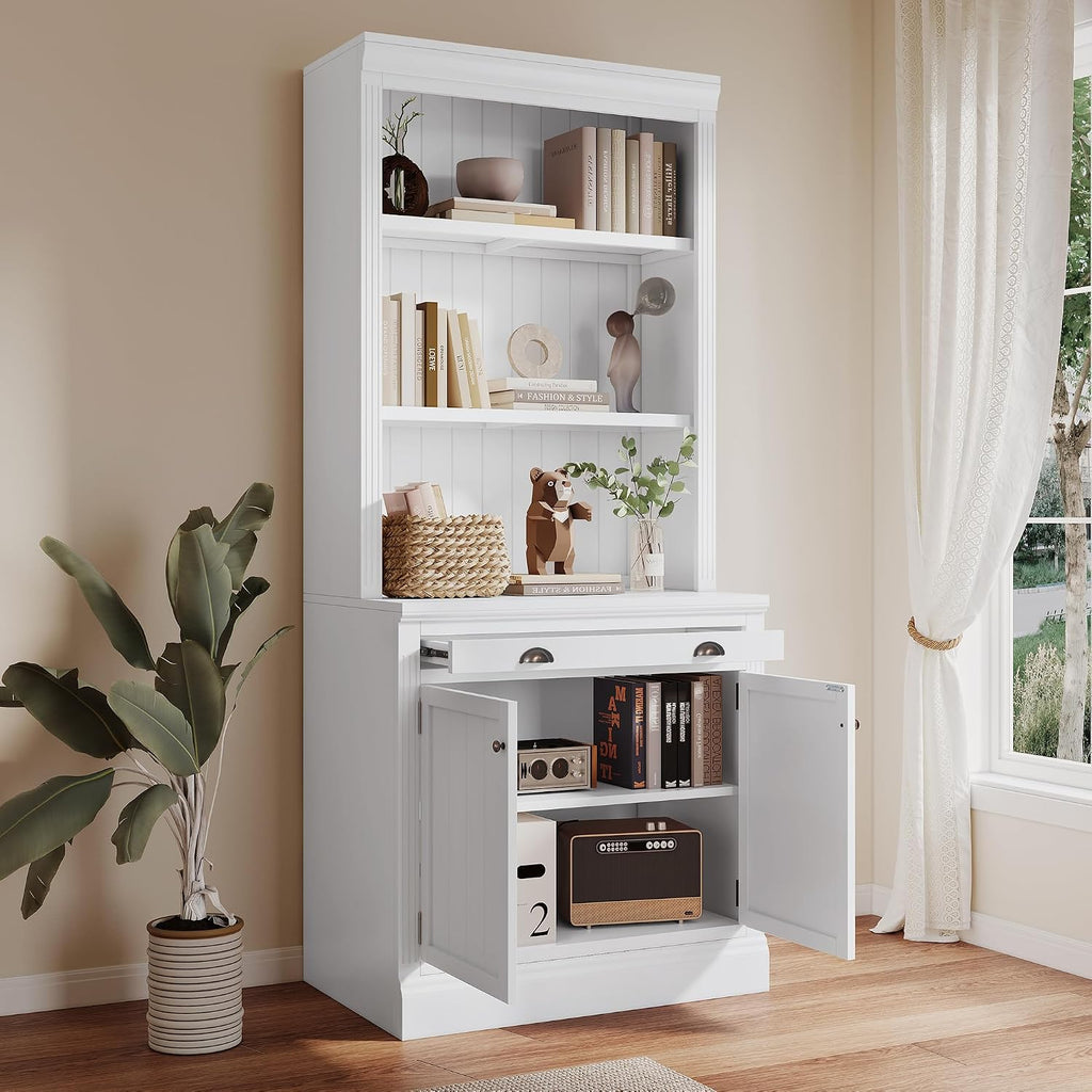 LUMISOL 83.4' Tall Bookshelf with Drawer and Cabinet, Freestanding Pantry Sideboard Cabinet with LED Lights, Solid Wood Tall Bookcase with Open Storage Shelves, White