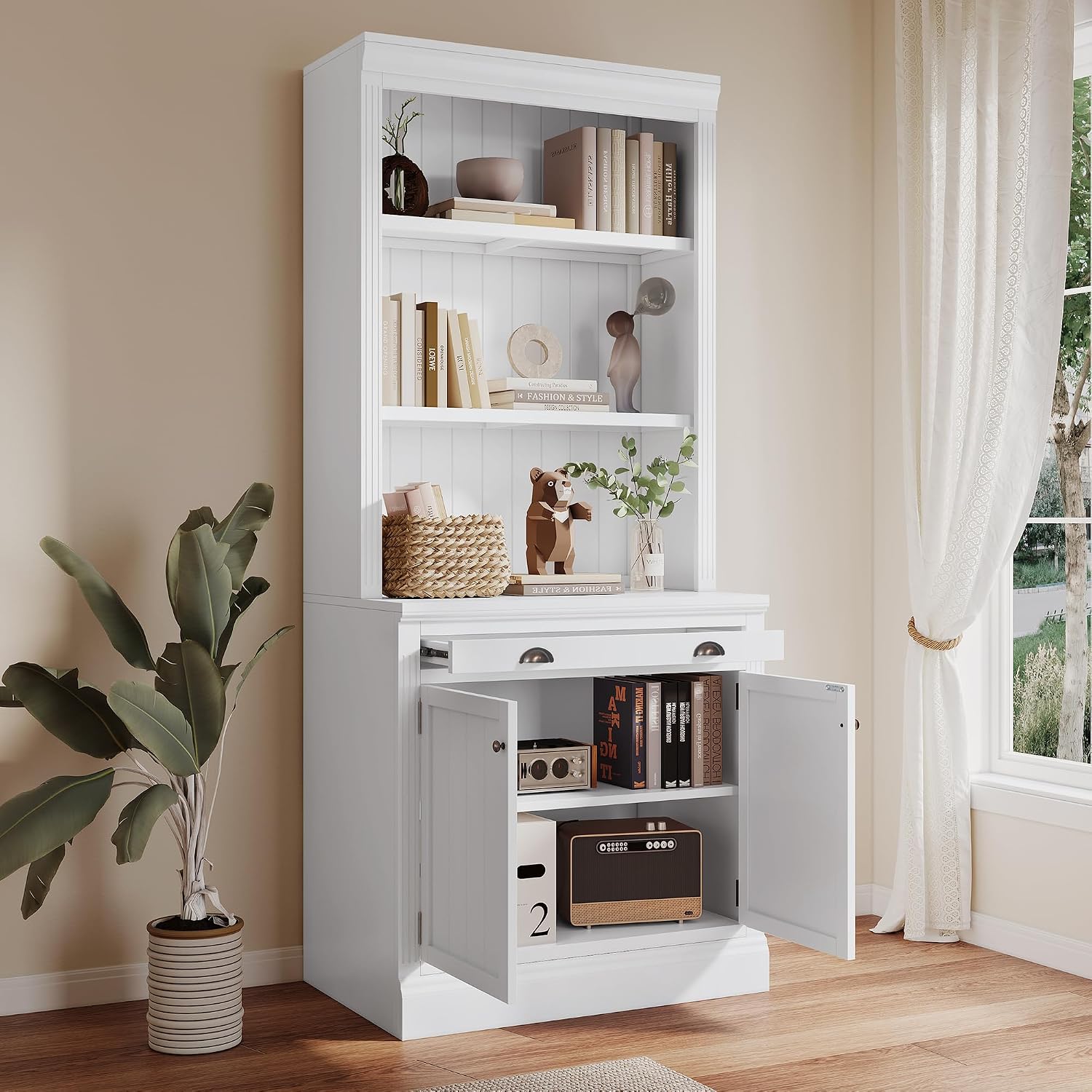 LUMISOL 83.4' Tall Bookshelf with Drawer and Cabinet, Freestanding Pantry Sideboard Cabinet with LED Lights, Solid Wood Tall Bookcase with Open Storage Shelves, White