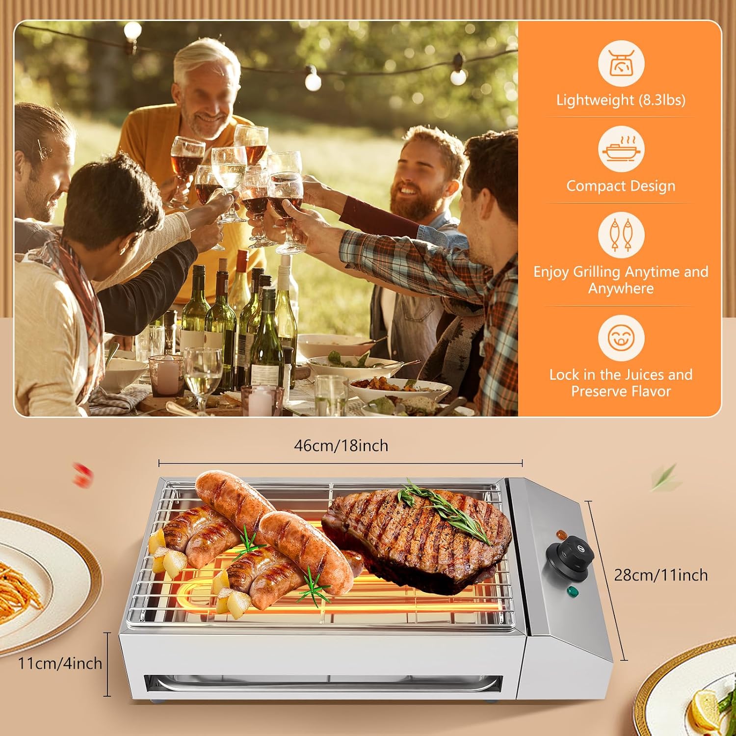 Electric Grill, 1800W Smokeless Indoor Countertop Grill with Adjustable Temperature and Removable Grill Rack, Stainless Steel for Family Gatherings and Camping