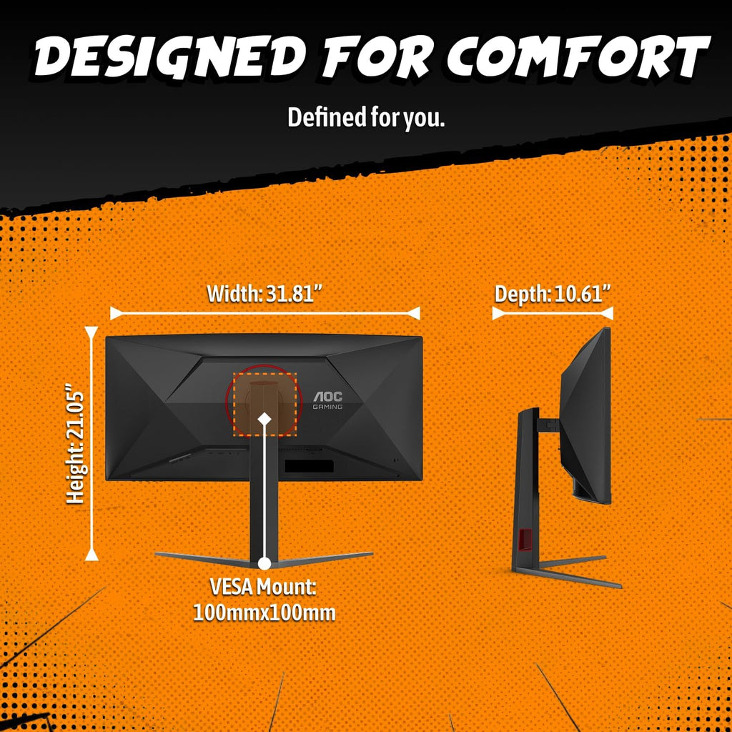 AOC CU34G4Z 34' Curved Ultrawide Gaming Monitor, UWQHD 3440 x1440 1500R 21:9, 240Hz 0.3ms MPRT, HDR 400, Display Port, HDMI, USB 3.2, AMD FreeSync Premium, Height Adjustable, 3-Year Zero-Bright-dot