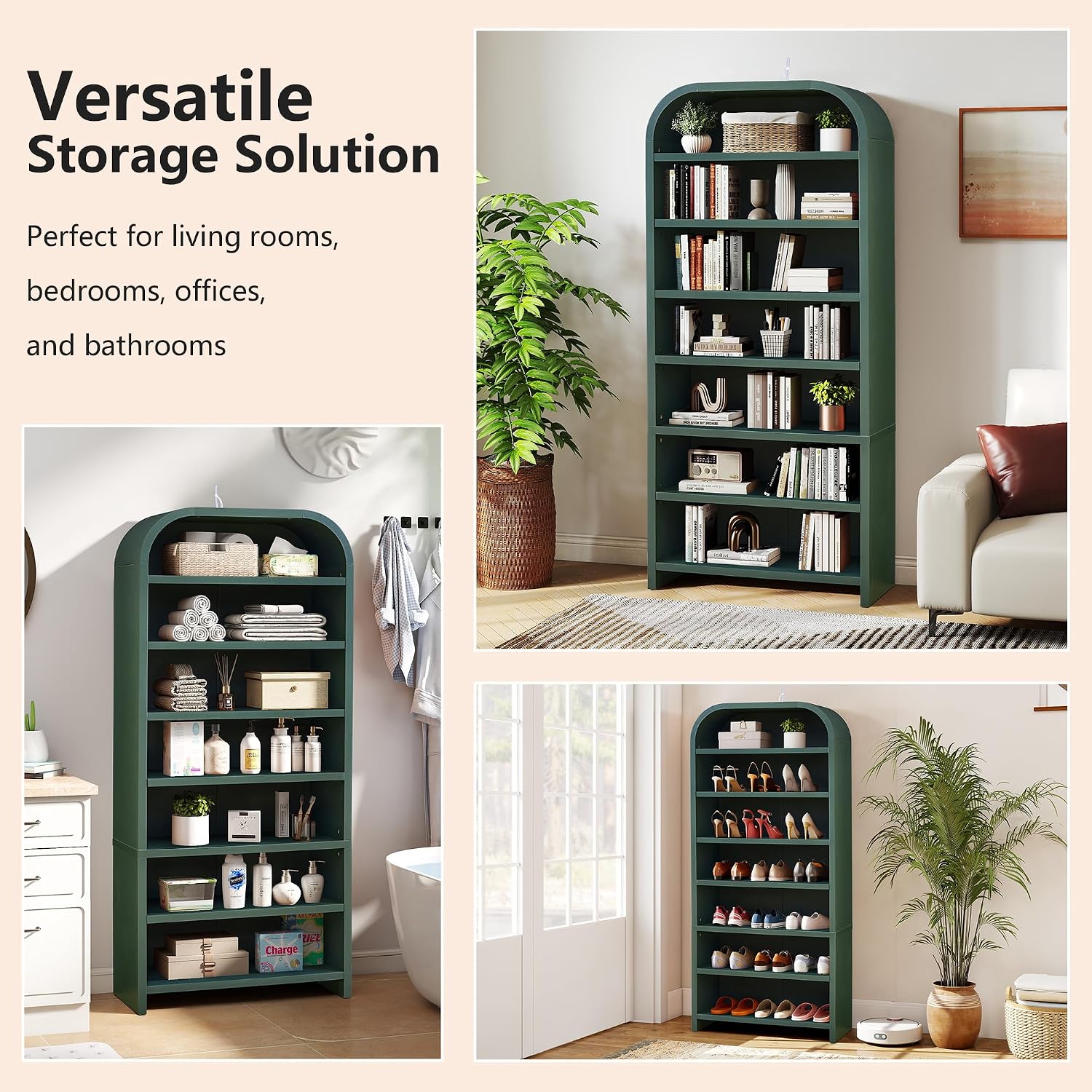 LEVNARY 70' Tall Arched Bookcase, 7-Tier Freestanding Storage Cabinet with Adjustable Shelves, Thick MDF Bookshelf for Bathroom Living Room Bedroom (Green)