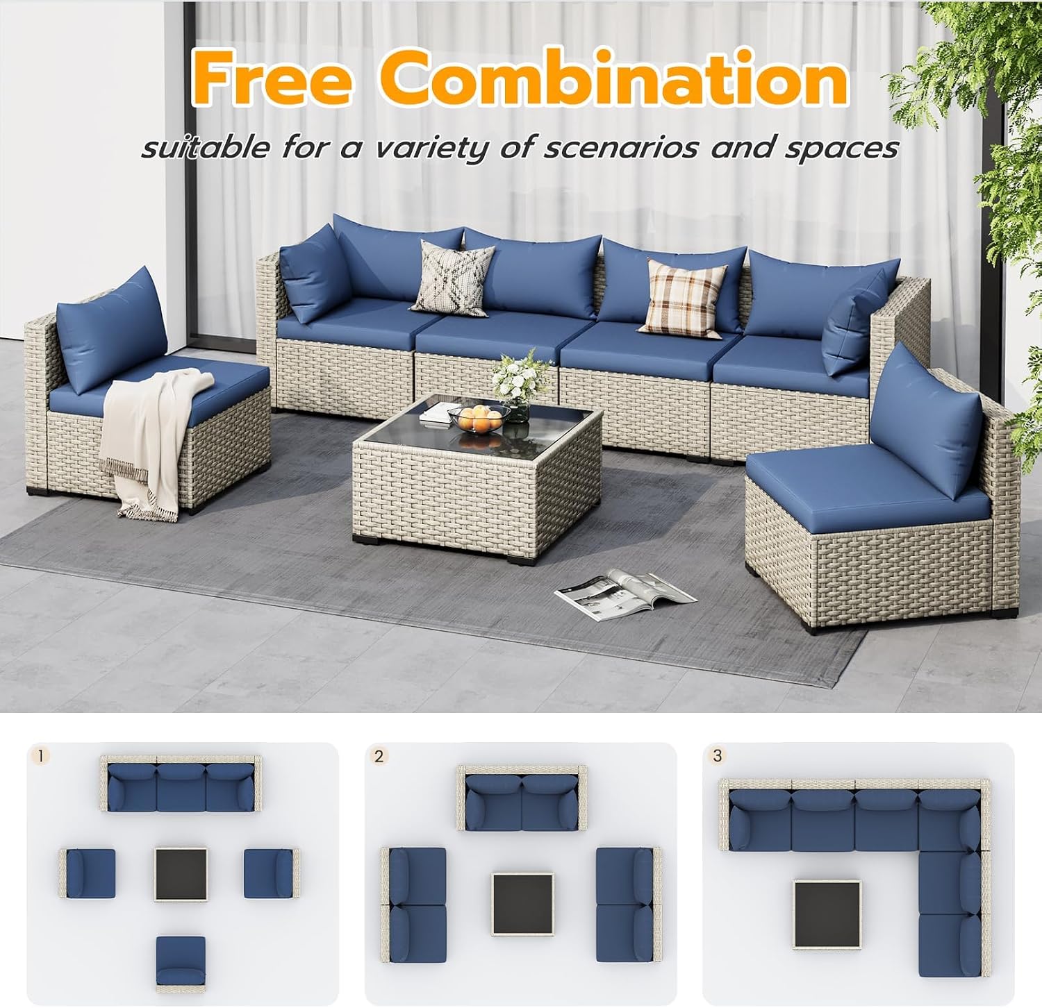 UDPATIO Outdoor Patio Furniture Set, 7 Piece Modular Sectional Sofa with Tea Table, PE Wicker Outdoor Conversation Set for Patio, Garden, Backyard Blue