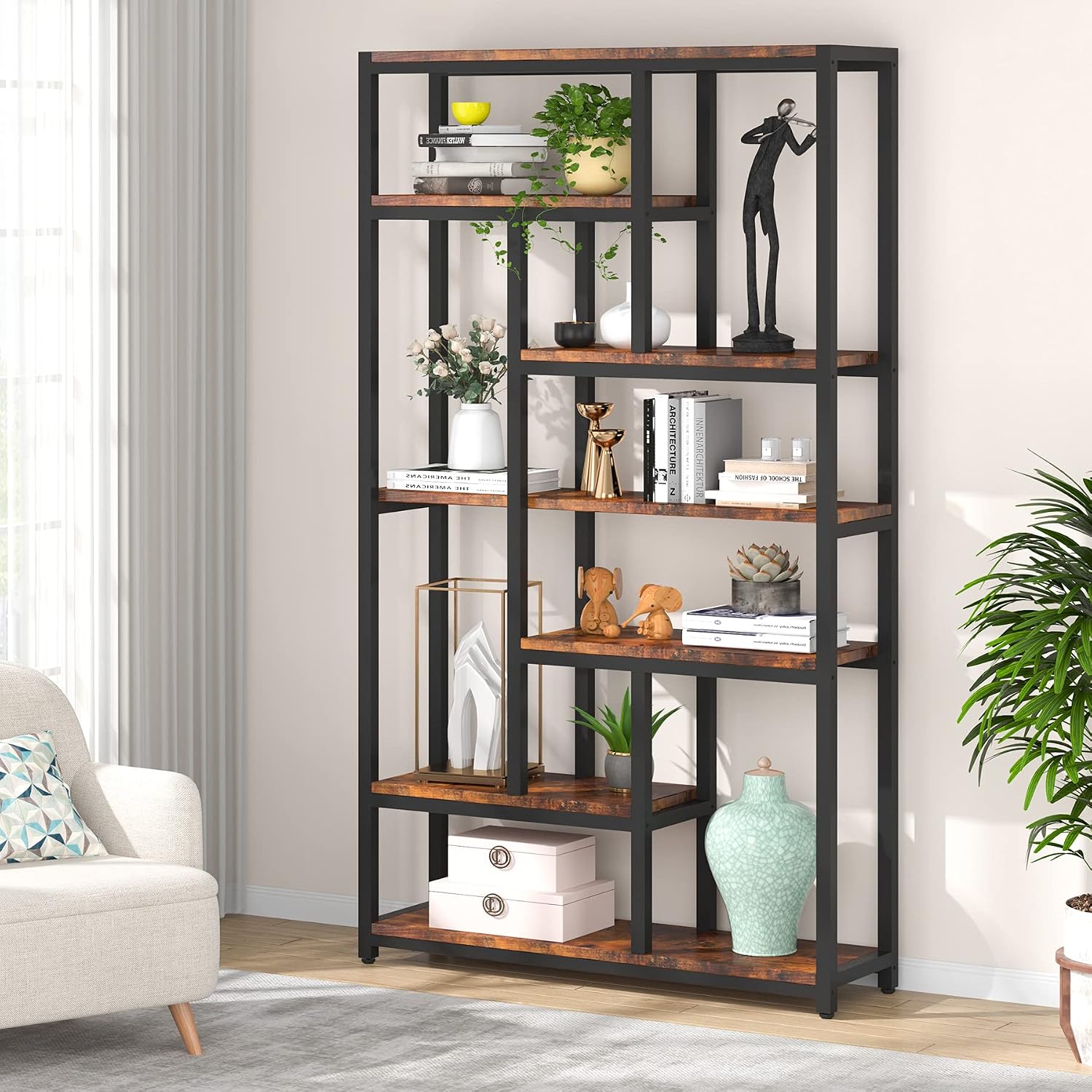 Tribesigns 79 Inch Extra Tall Bookshelf, 7-Tier Vintage Bookcase, Industrial 10-Shelf Open Storage Shelves Display Shelves Organizer for Home Office