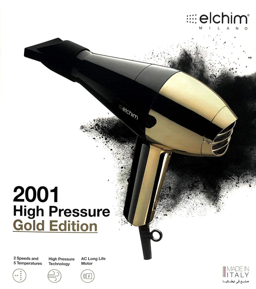 Elchim - Classic 2001 High Pressure Professional Hair Dryer with Long-Life Motor and High Compression Technology - Gold & Black, 1875 Watts