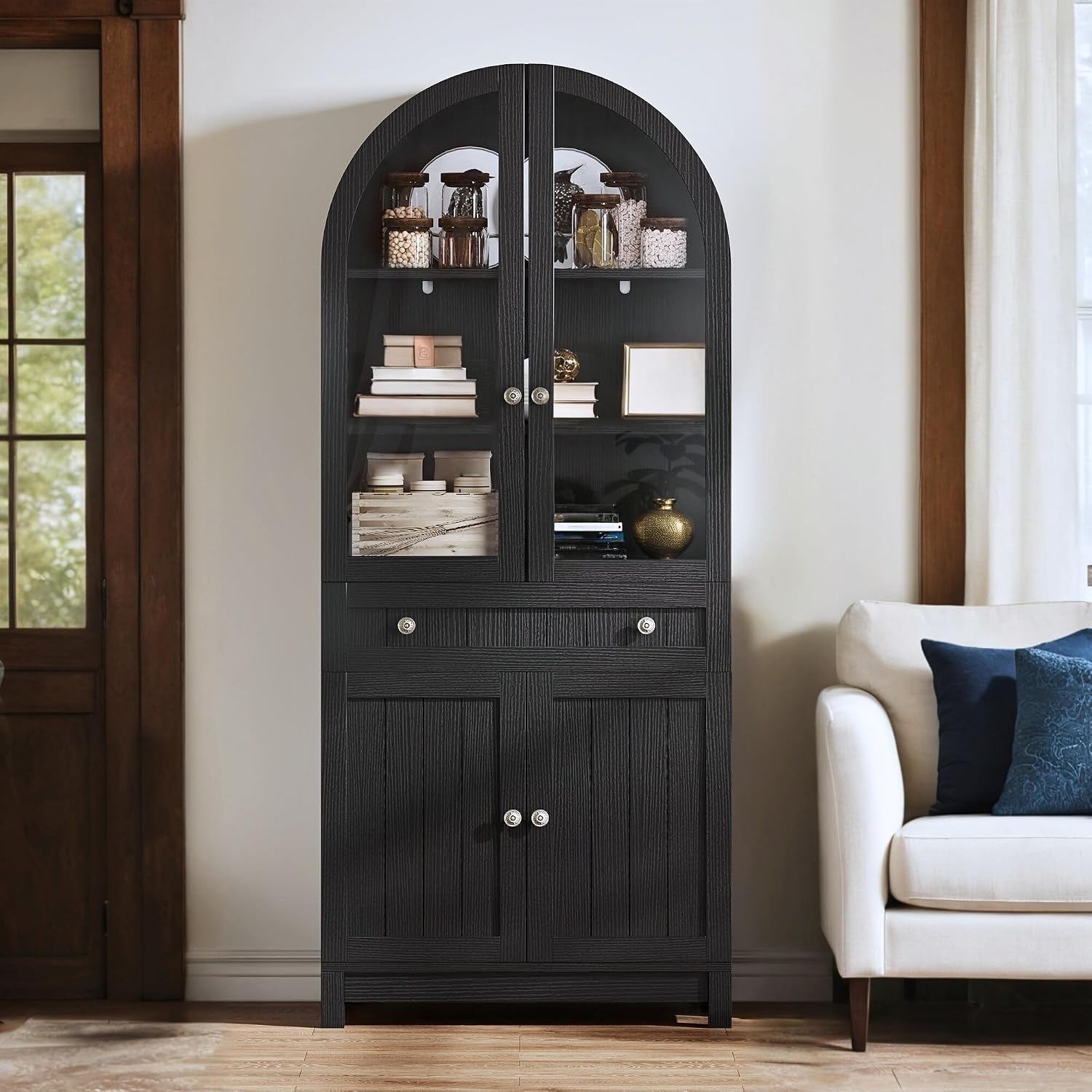 DWVO Arched Pantry Cabinet, 71' Tall Glass Door Display Storage Cabinets W/Drawer & Adjustable Shelves, Farmhouse Versatile Cupboard Bookshelf for Kitchen Dining Living Room, Black