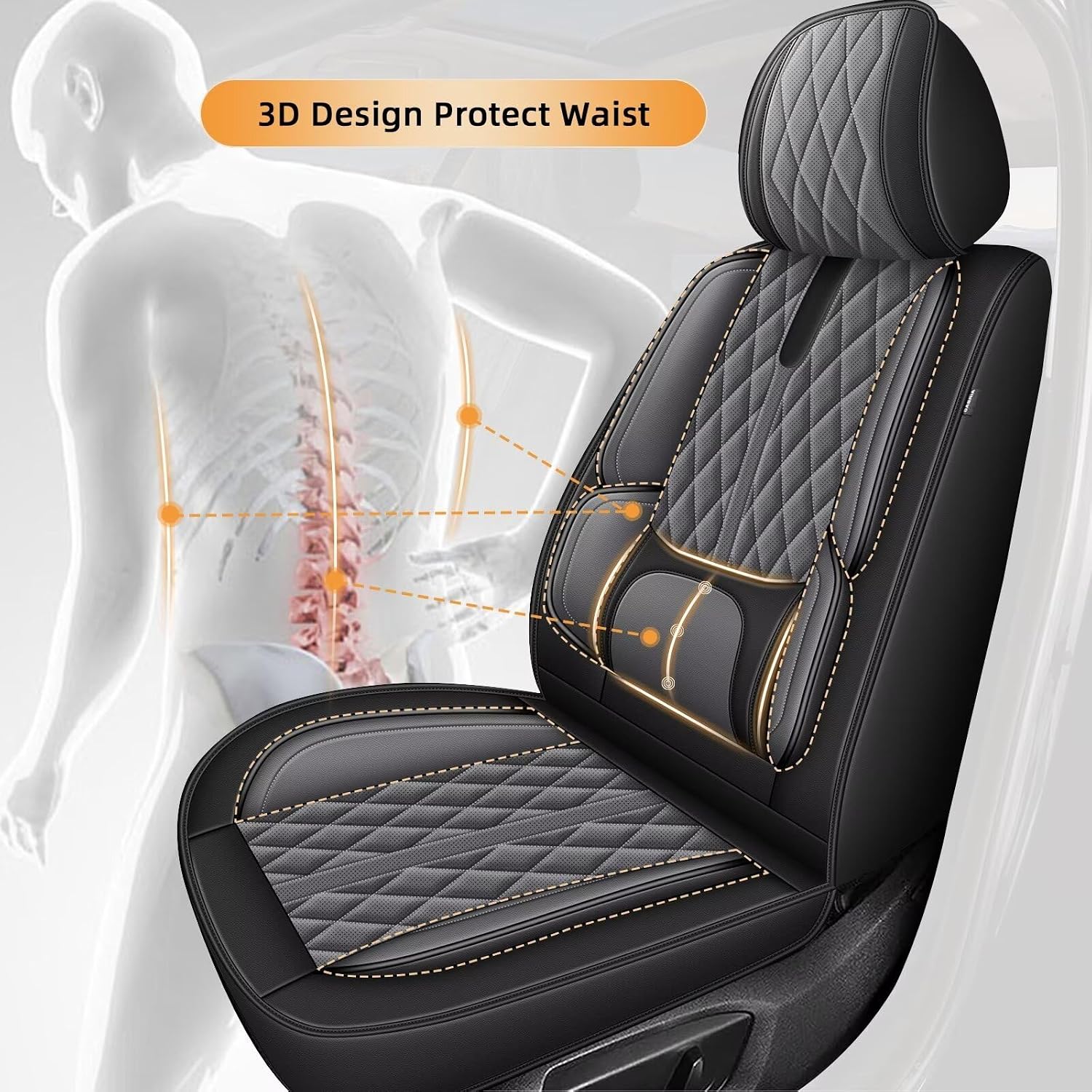 IKABEVEM Car Seat Covers Fit for Kia K5 2021-2024 2025 - Waterproof Leather Seat Covers - Compatible Airbag with Lumbar Support(2 Front Seat Covers, Black & Grey)