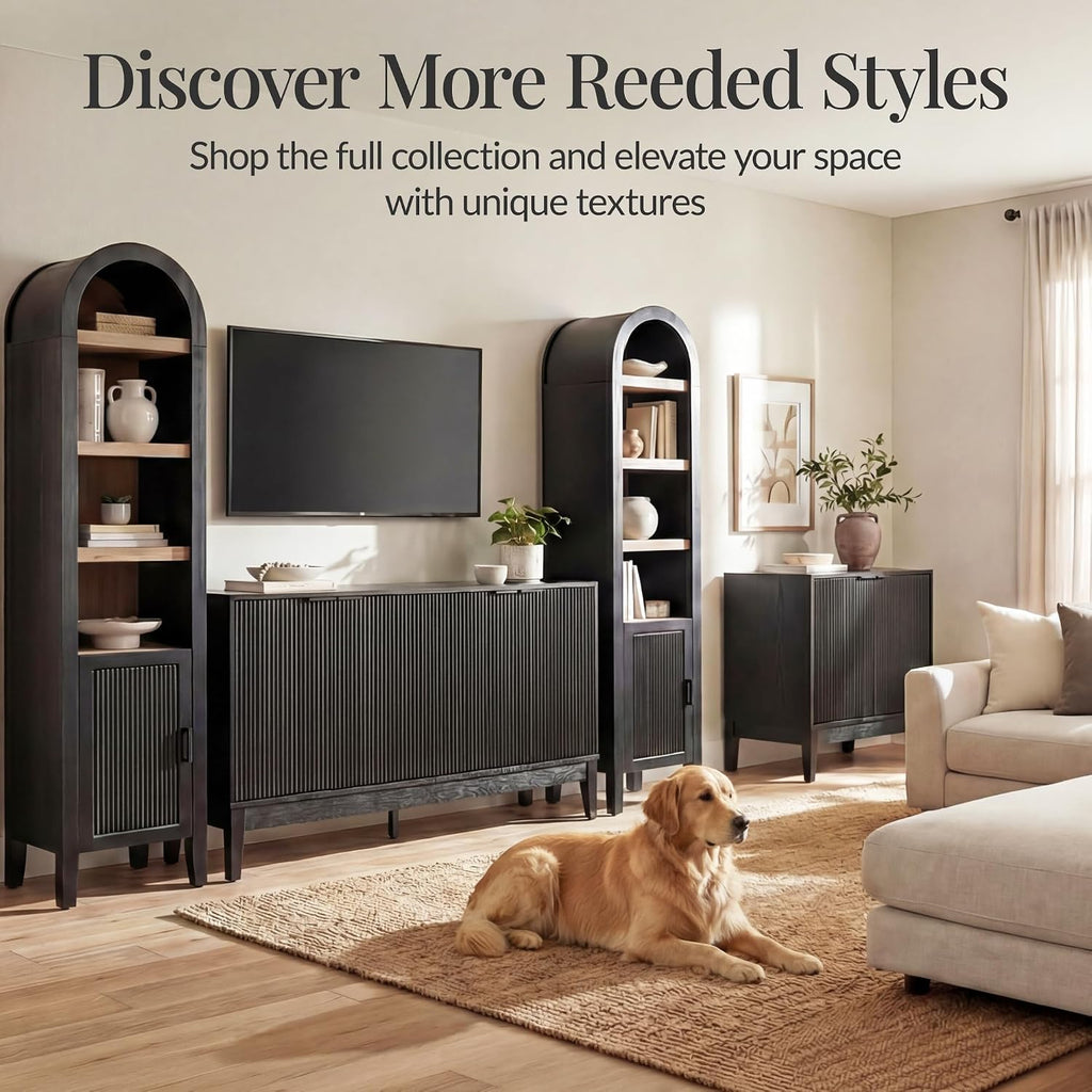 Best Choice Products 72' Tall Narrow Arched Pantry Cabinet w/Reeded Door, 4-Tier Bookshelf, Armoire, Hutch, Bookcase, Storage Cabinet w/Adjustable Shelves, for Dining Room and Livingroom - Black Oak