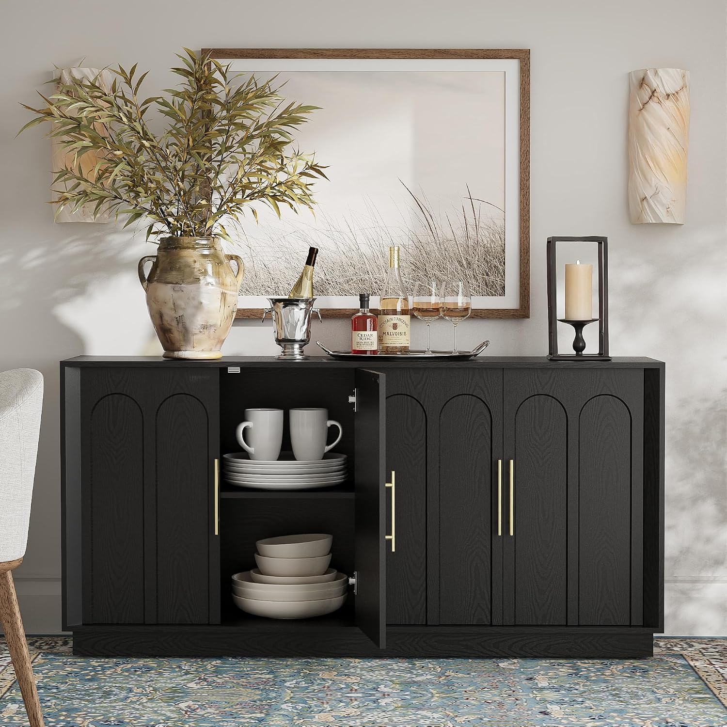 FORTUNETEC Sideboard Buffet Cabinet with Storage, Modern Accent Cabinet with Arched Doors, 67' Large Modular Media Console, Minimalist Credenza for Living Room Kitchen Dining Room Entryway, Black